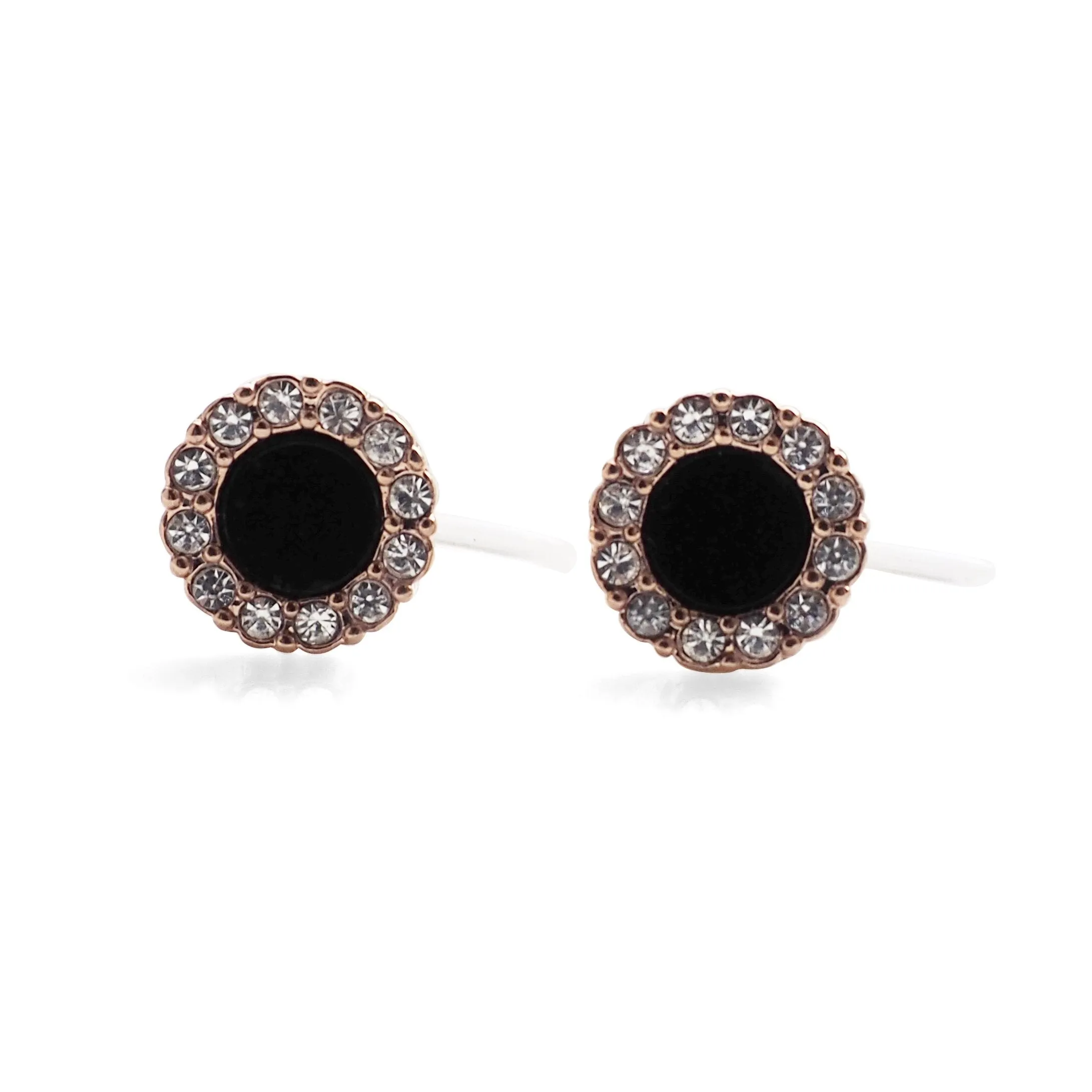 Rose Gold Round Swarovski Crystal Rhinestone Pave Invisible Clip On Stud Earrings ( Black )