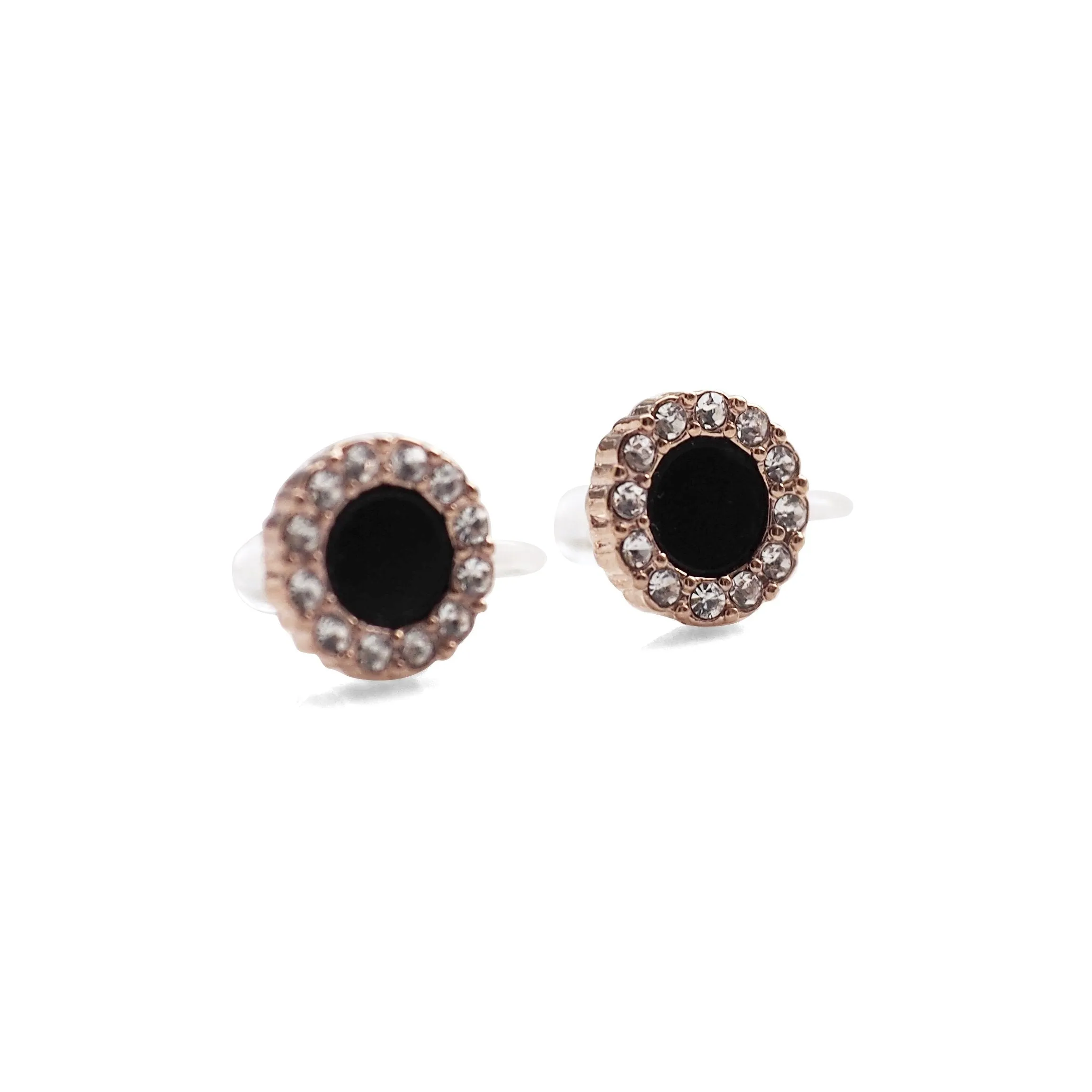 Rose Gold Round Swarovski Crystal Rhinestone Pave Invisible Clip On Stud Earrings ( Black )