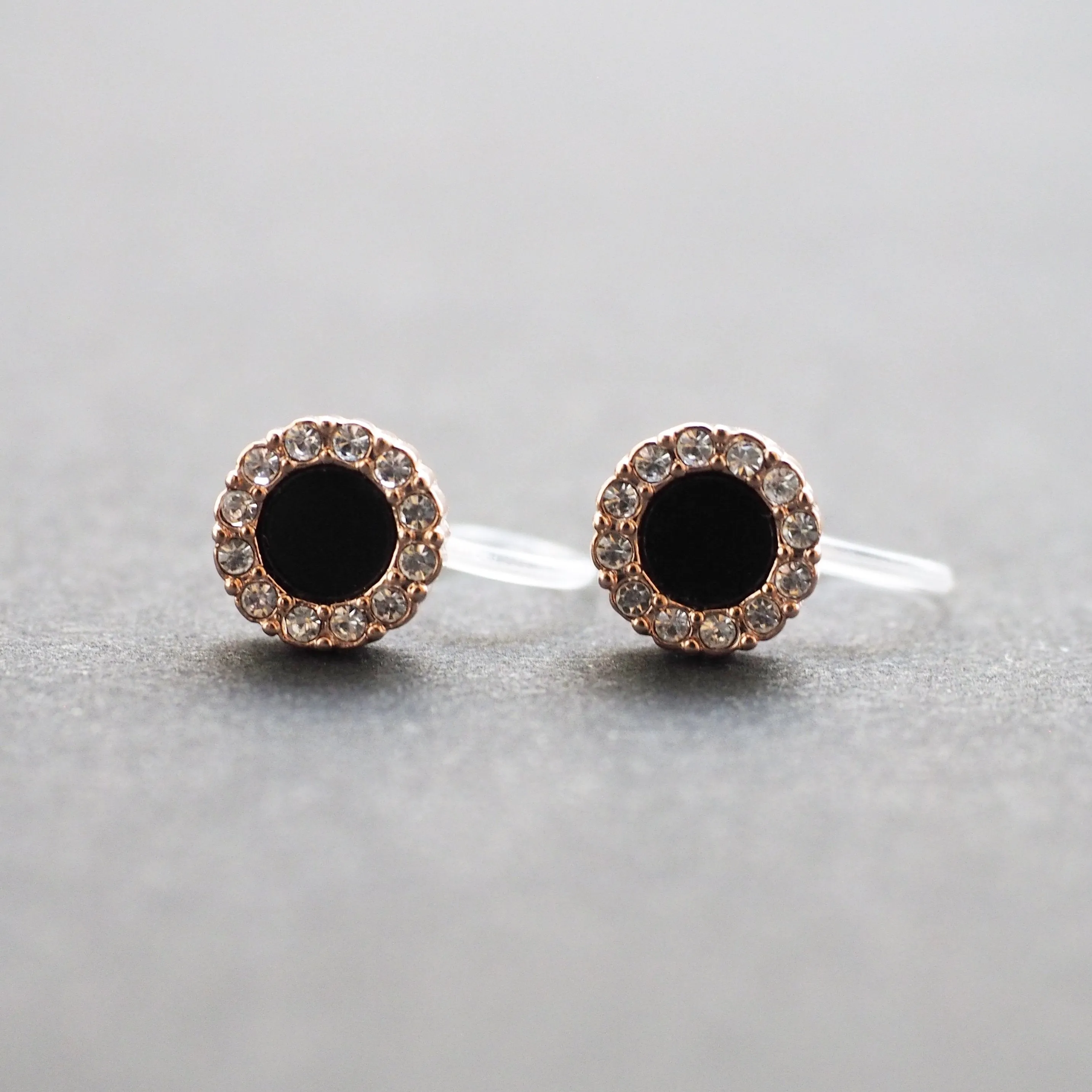 Rose Gold Round Swarovski Crystal Rhinestone Pave Invisible Clip On Stud Earrings ( Black )