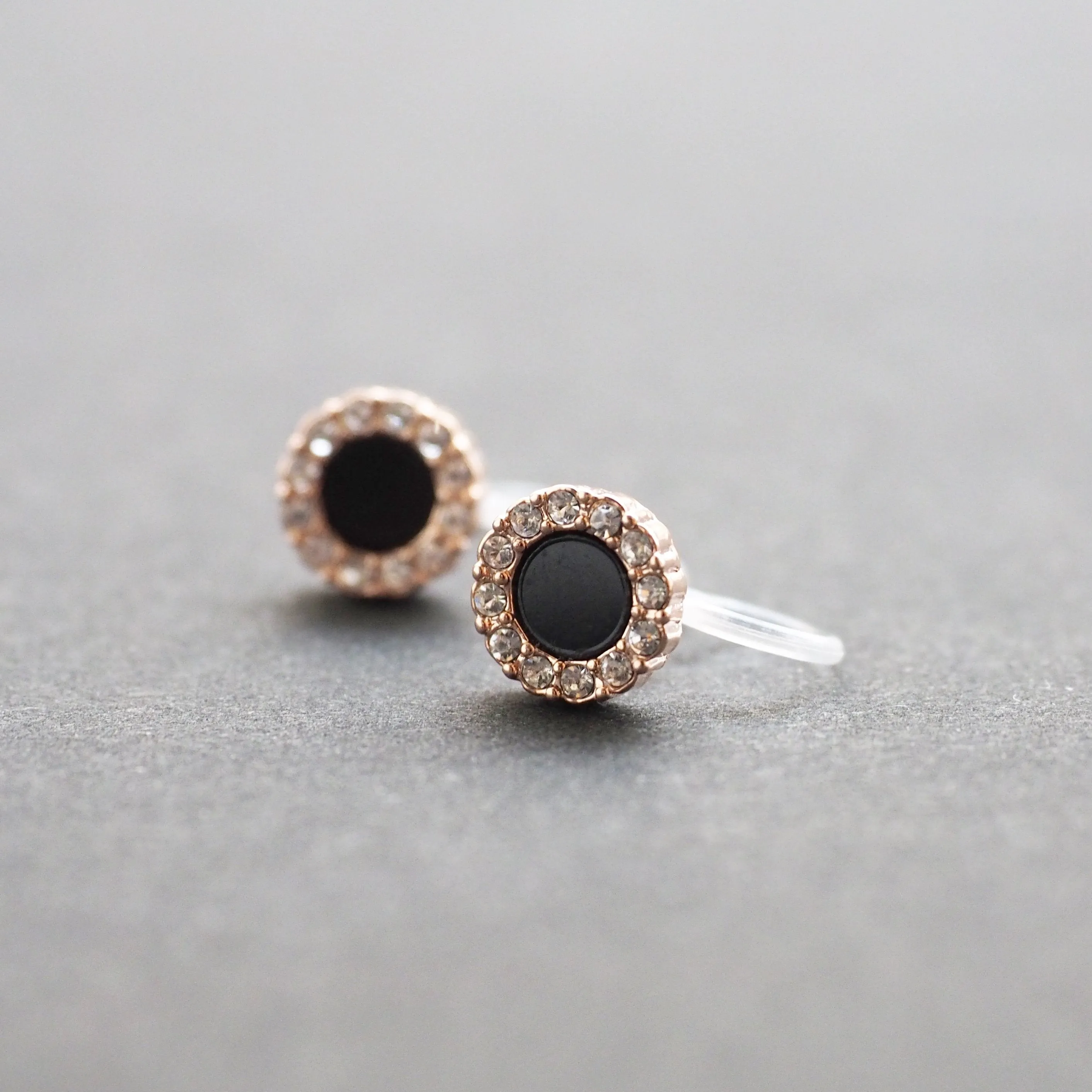 Rose Gold Round Swarovski Crystal Rhinestone Pave Invisible Clip On Stud Earrings ( Black )