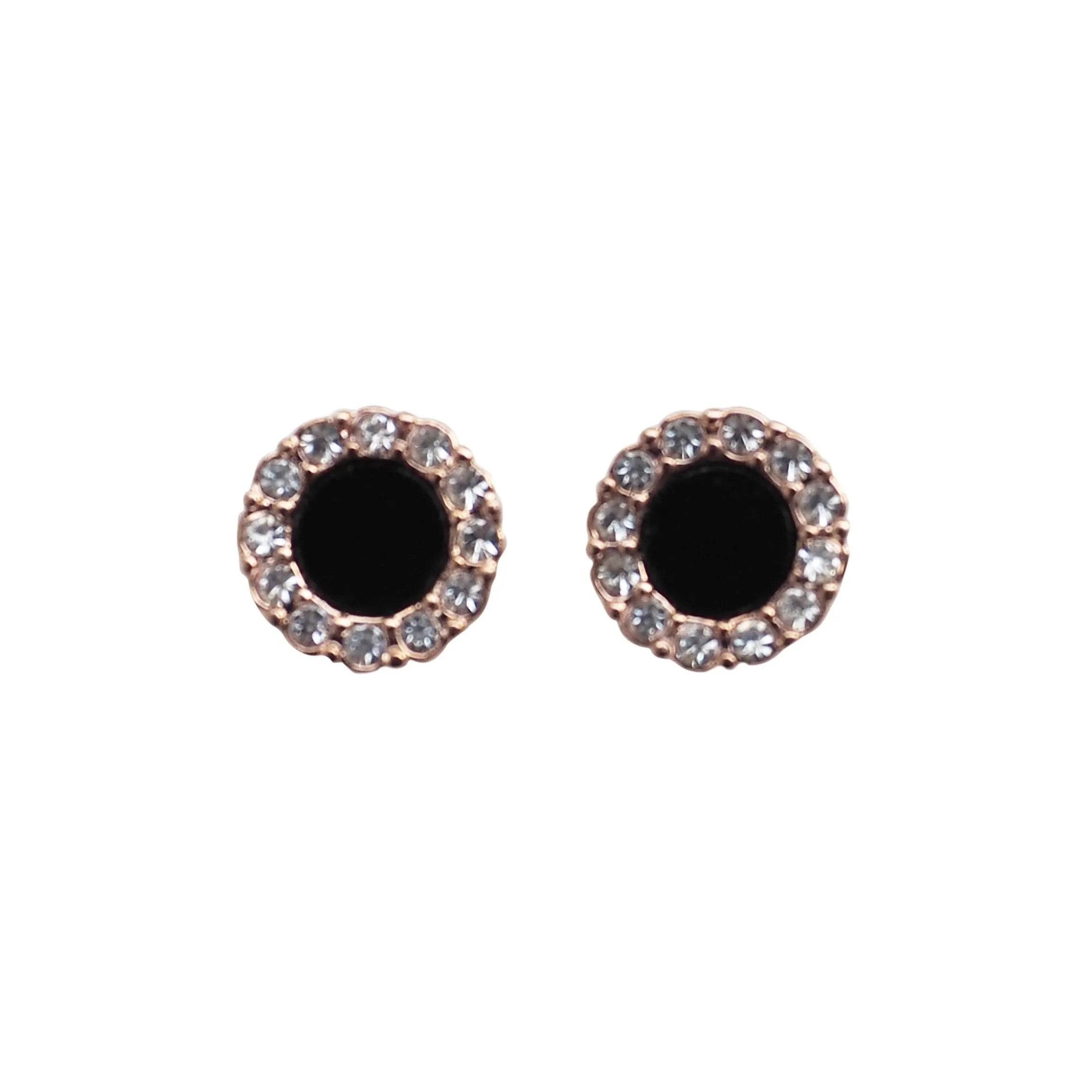 Rose Gold Round Swarovski Crystal Rhinestone Pave Invisible Clip On Stud Earrings ( Black )