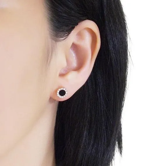 Rose Gold Round Swarovski Crystal Rhinestone Pave Invisible Clip On Stud Earrings ( Black )