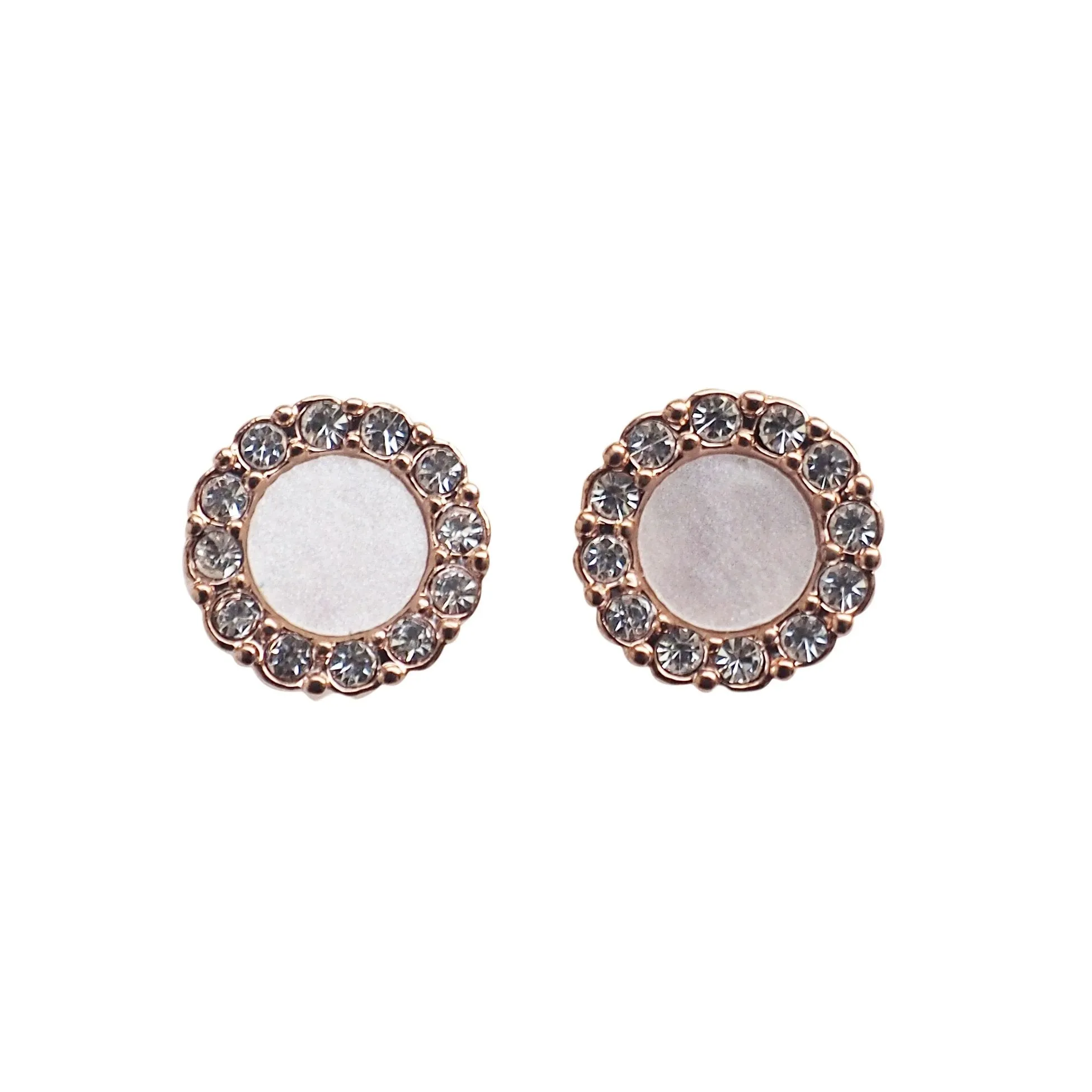 Rose Gold Round Swarovski Crystal Rhinestone Pave Invisible Clip On Stud Earrings ( White )