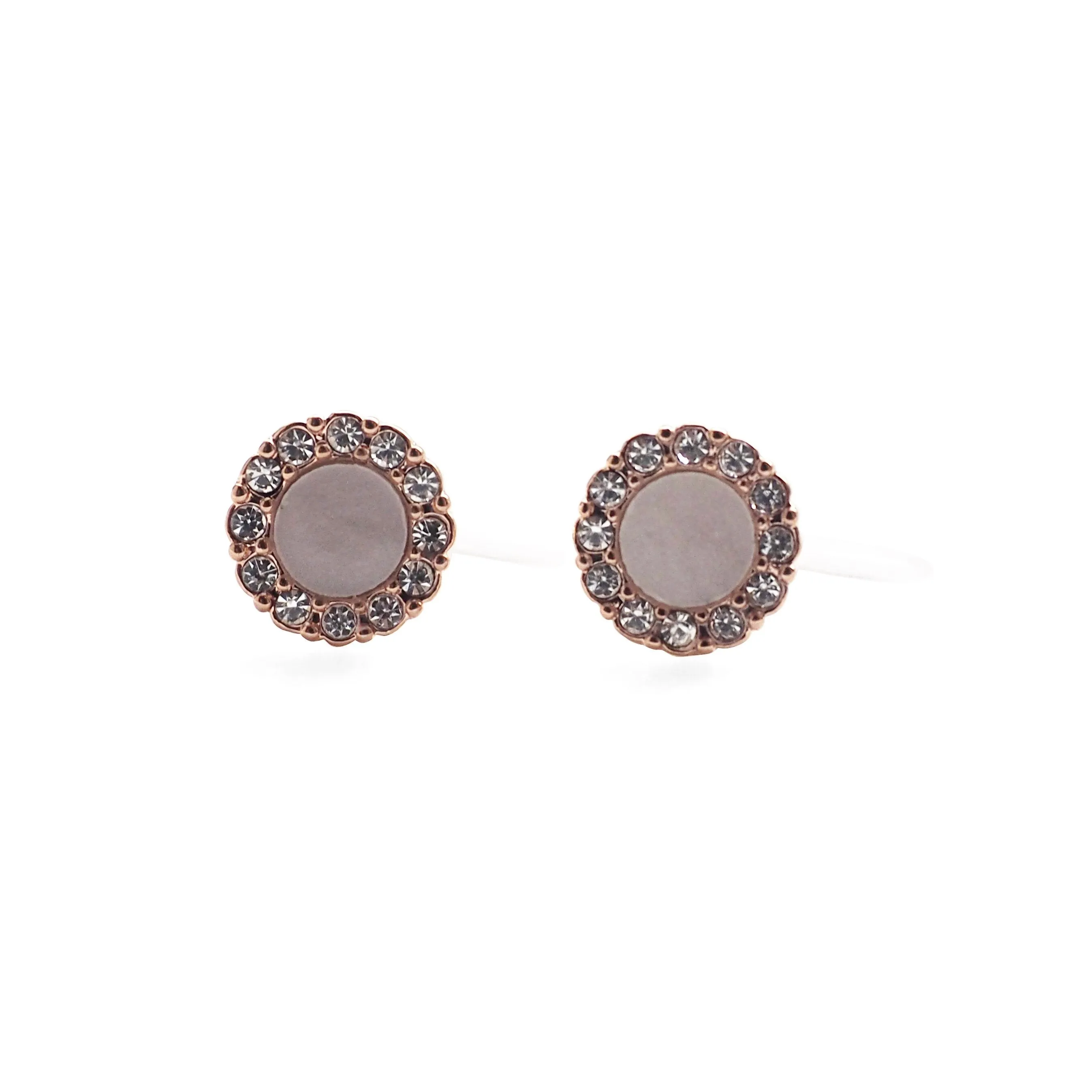 Rose Gold Round Swarovski Crystal Rhinestone Pave Invisible Clip On Stud Earrings ( White )