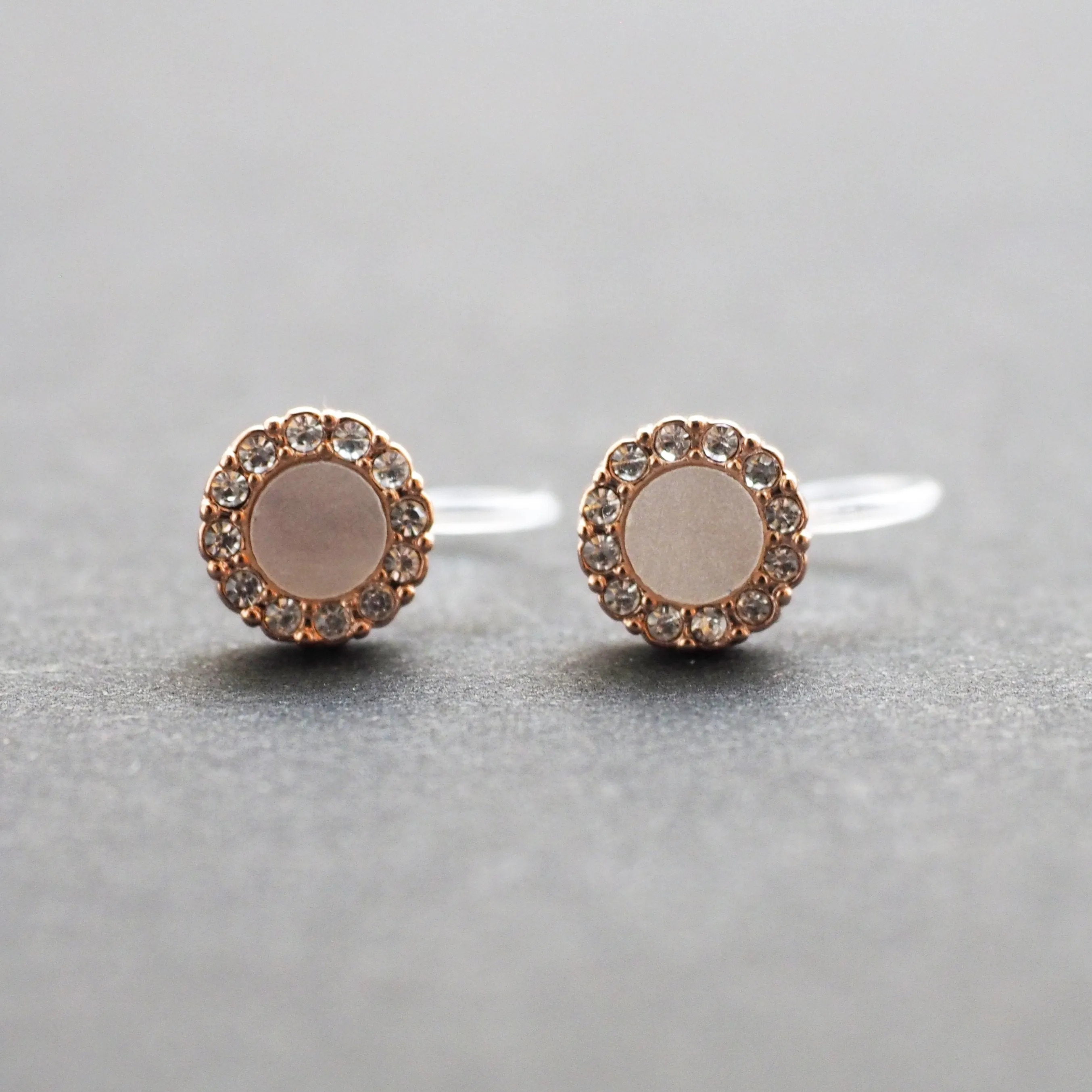Rose Gold Round Swarovski Crystal Rhinestone Pave Invisible Clip On Stud Earrings ( White )