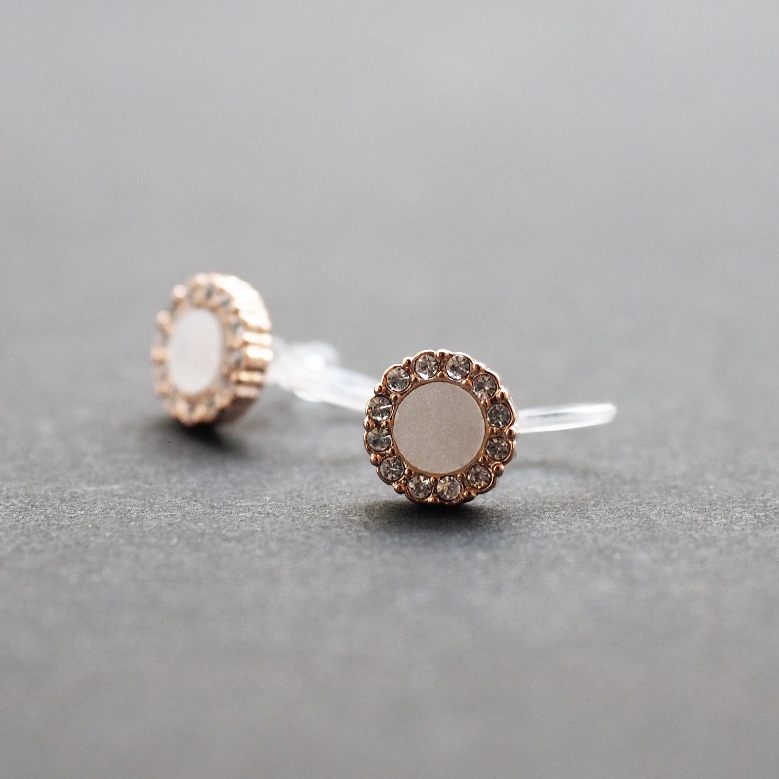 Rose Gold Round Swarovski Crystal Rhinestone Pave Invisible Clip On Stud Earrings ( White )