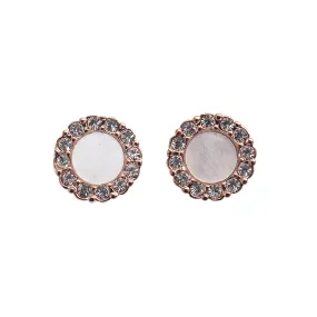 Rose Gold Round Swarovski Crystal Rhinestone Pave Invisible Clip On Stud Earrings ( White )
