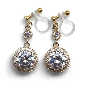 Round cubic zirconia invisible clip on earrings ( gold tone )