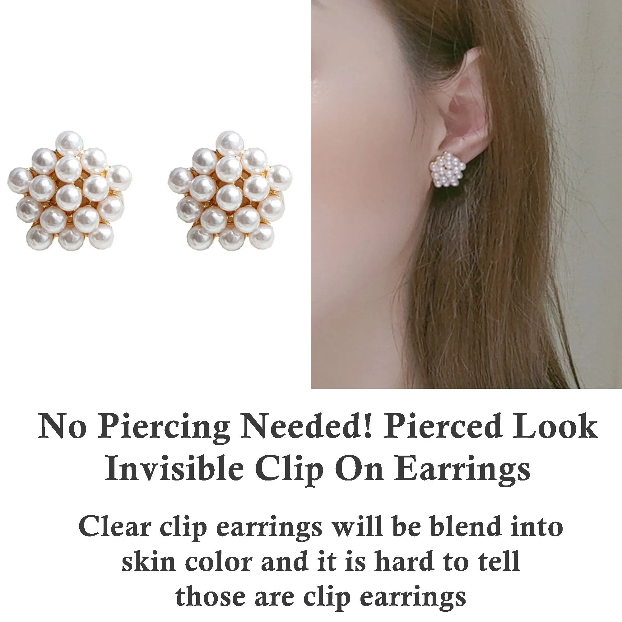 Round White Pearl Invisible Clip On Earrings