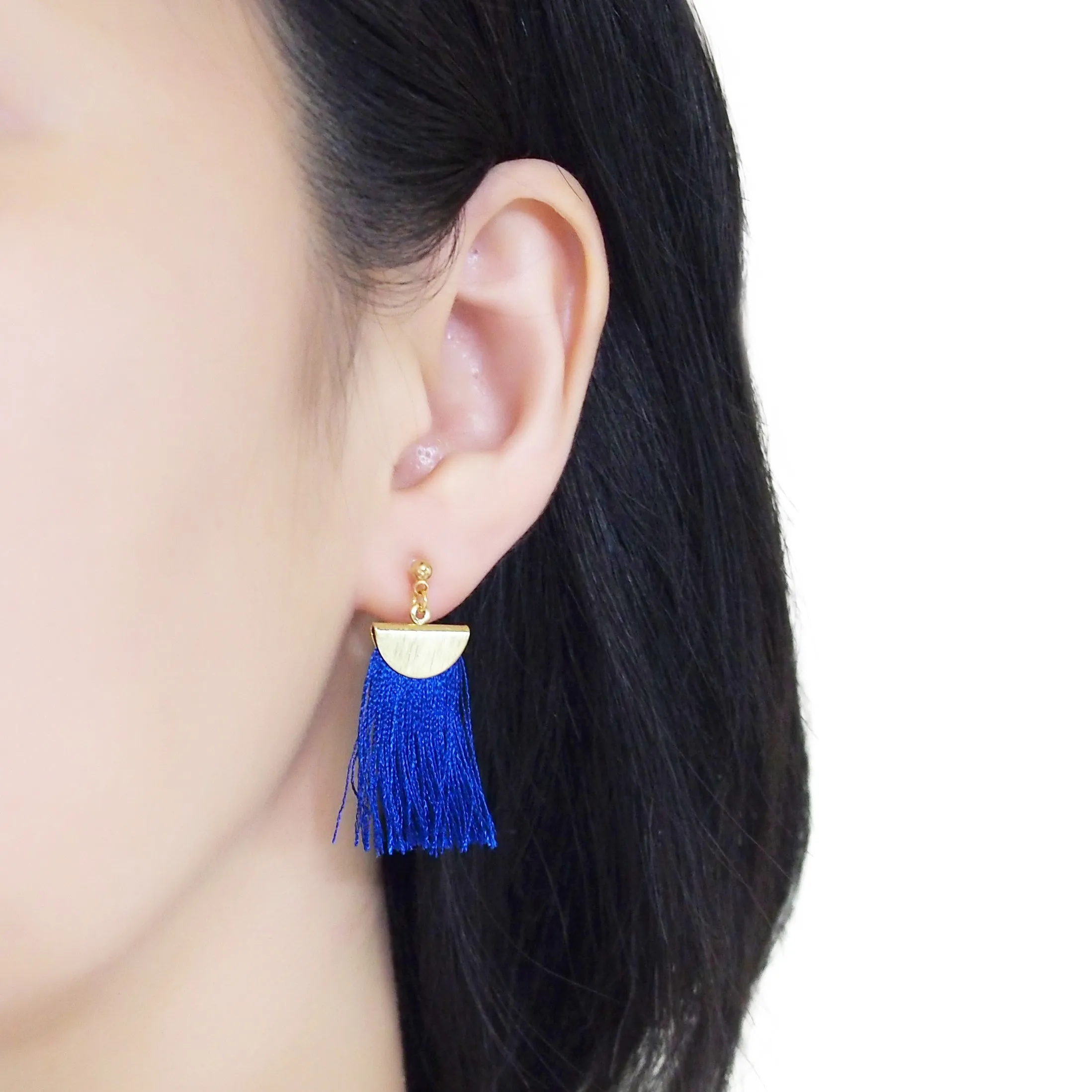 Royal blue flat tassel invisible clip on earrings