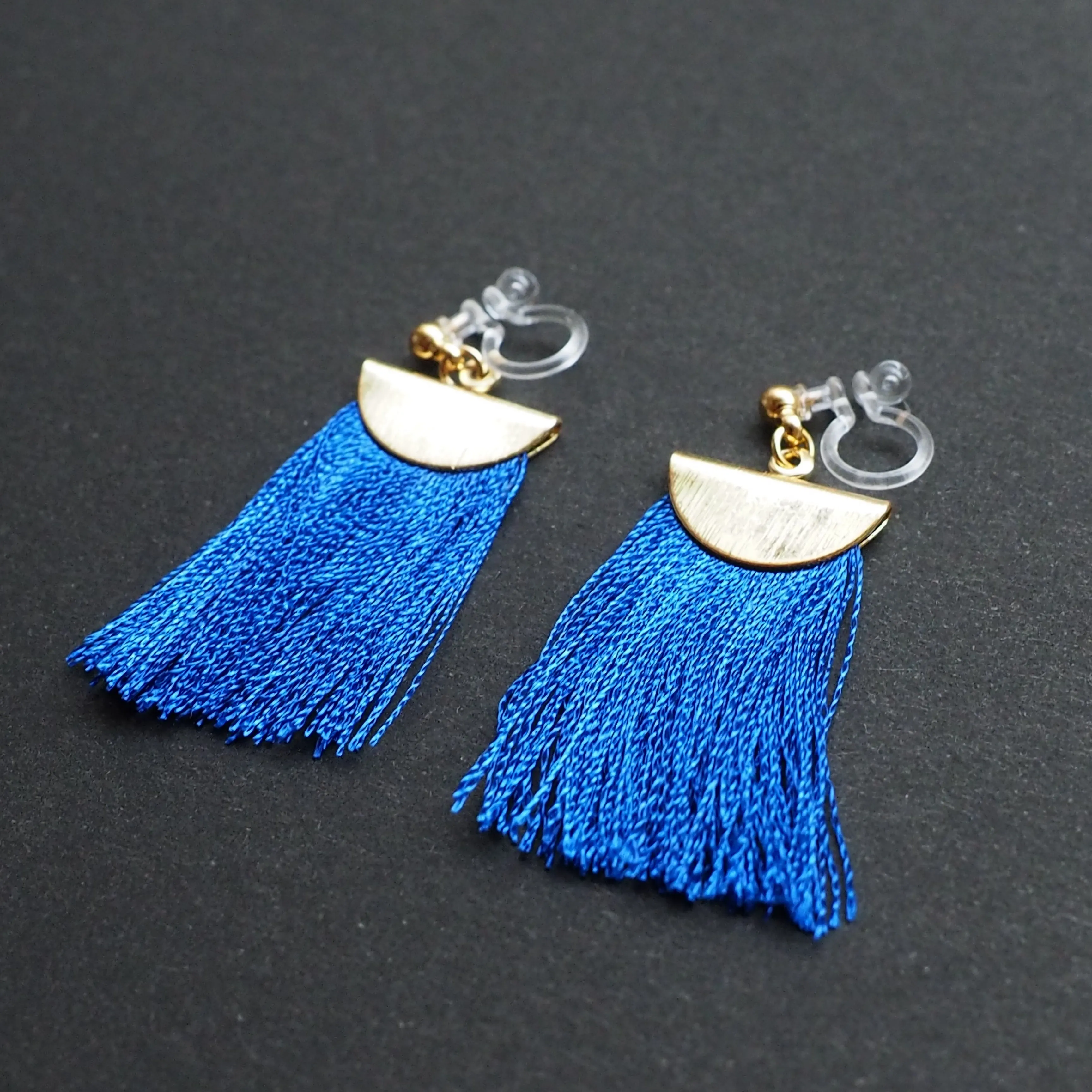 Royal blue flat tassel invisible clip on earrings
