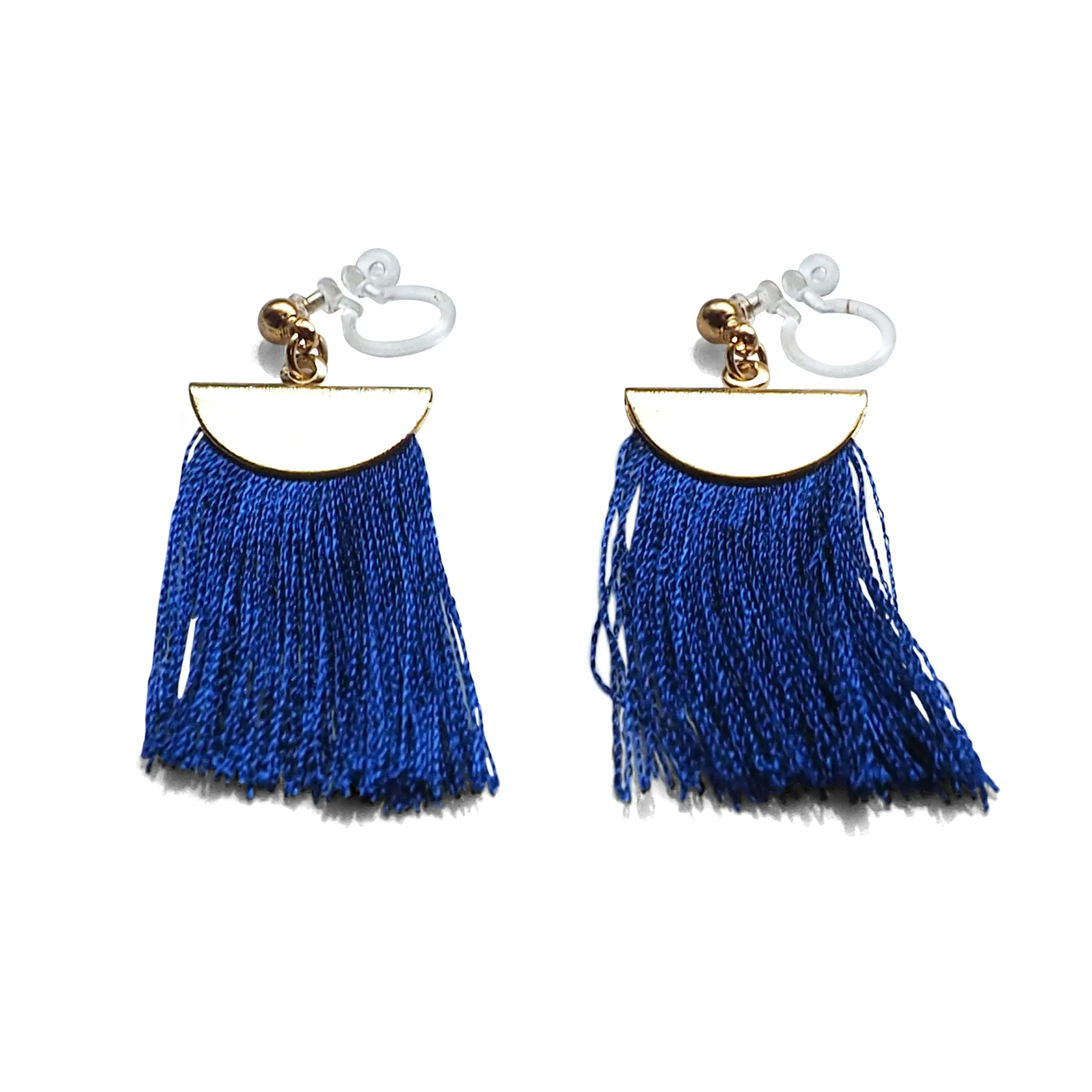 Royal blue flat tassel invisible clip on earrings