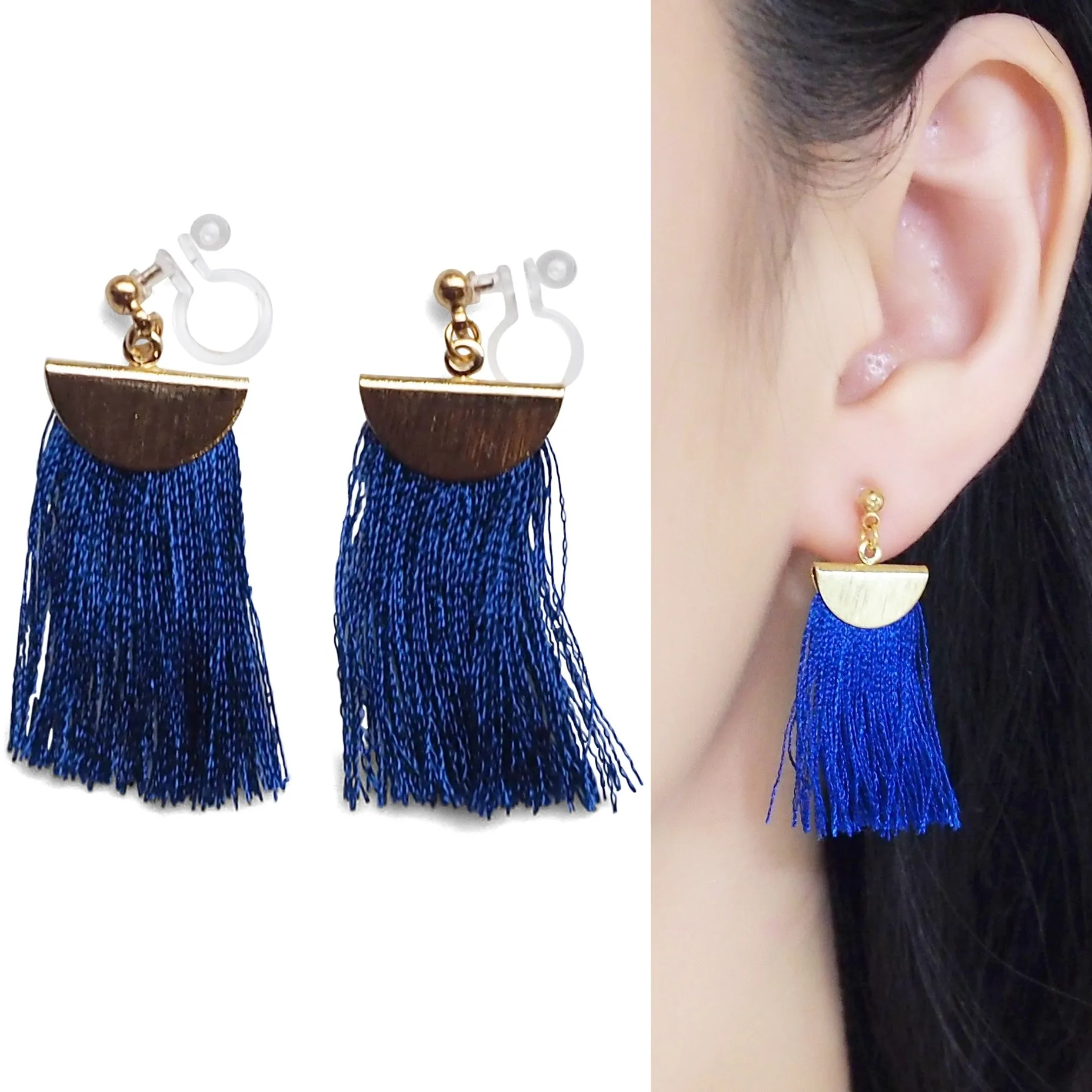 Royal blue flat tassel invisible clip on earrings