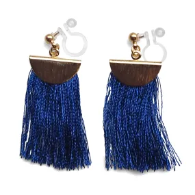 Royal blue flat tassel invisible clip on earrings