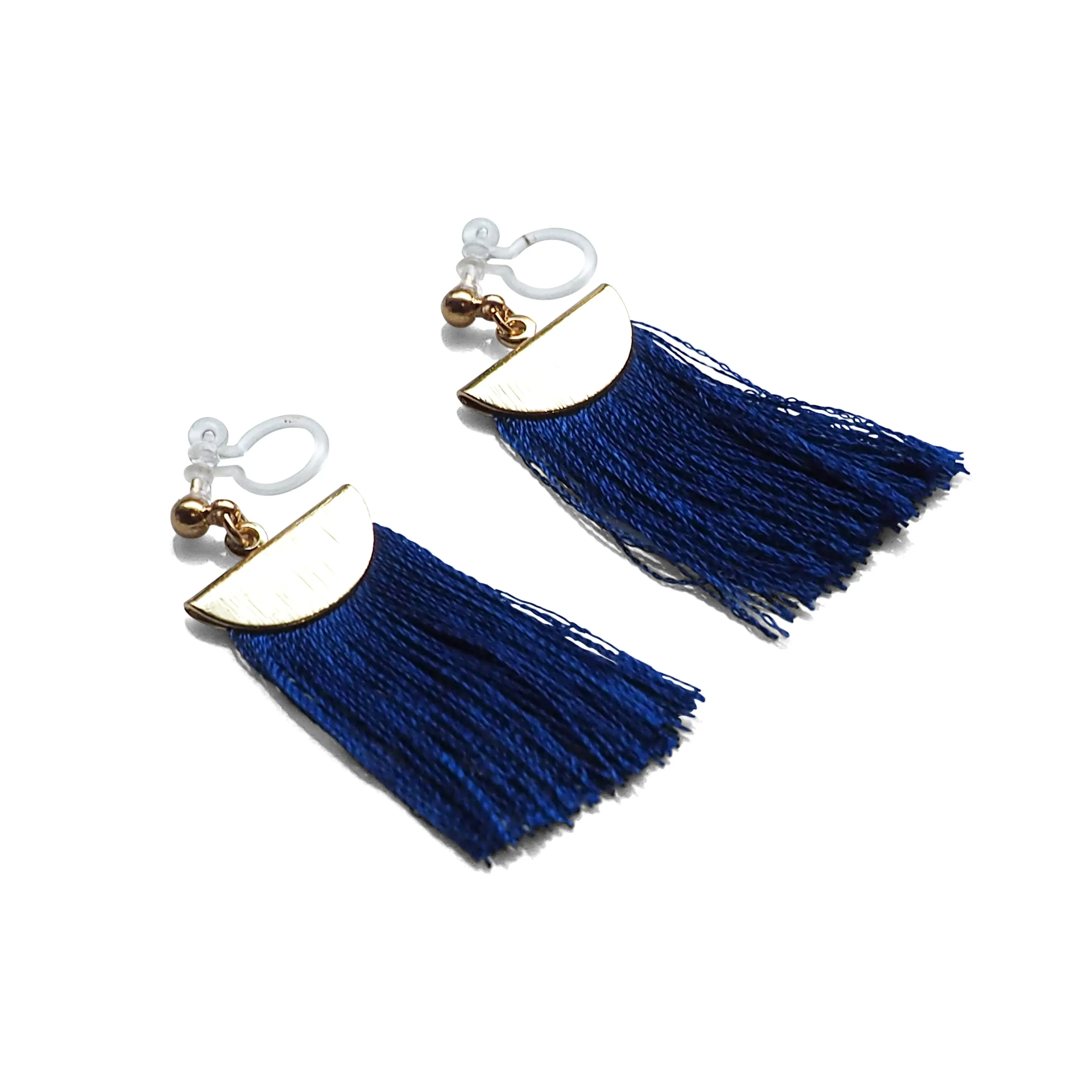 Royal blue flat tassel invisible clip on earrings