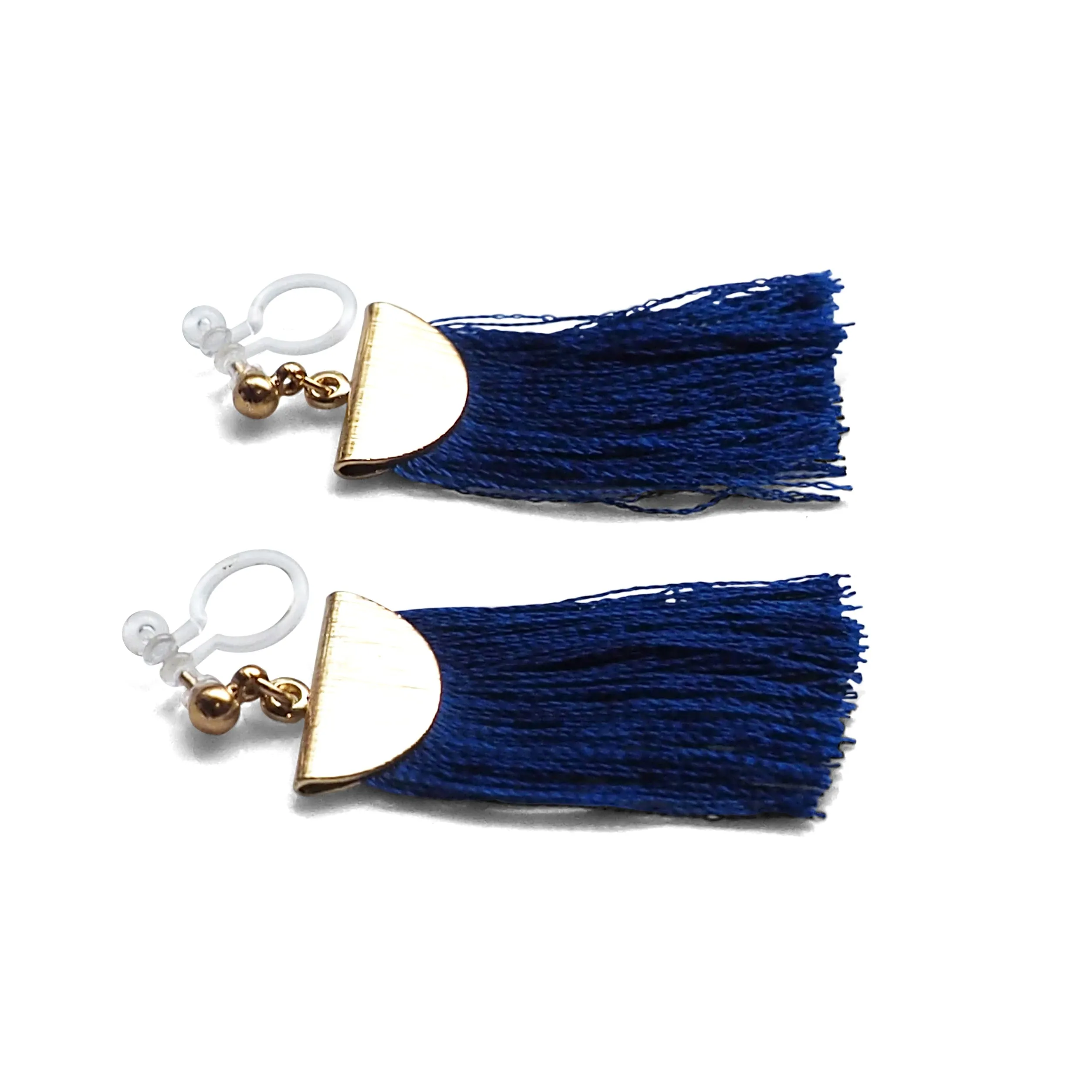 Royal blue flat tassel invisible clip on earrings