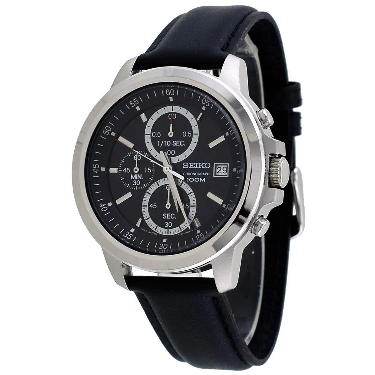 Seiko SKS453 Men's Black Dial Black Leather Strap Chronograph Watch