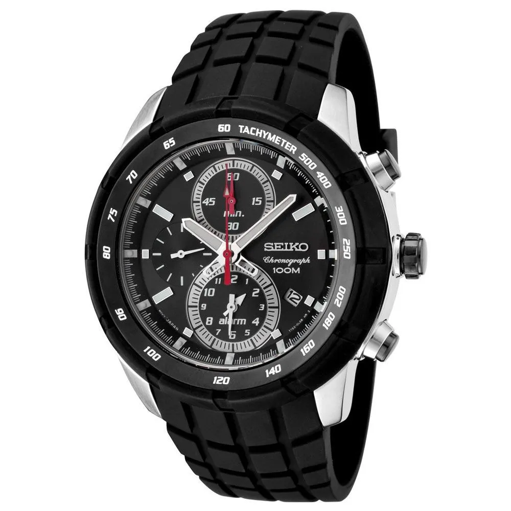 Seiko SNAD95 Men's Chrono Alarm Black Dial Black Rubber Strap Quartz Watch
