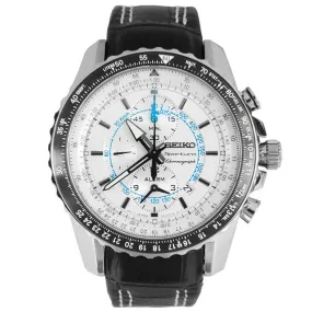 Seiko SNAF01P1 Men's Sportura White Dial Black Leather Strap Chronograph Alarm Watch