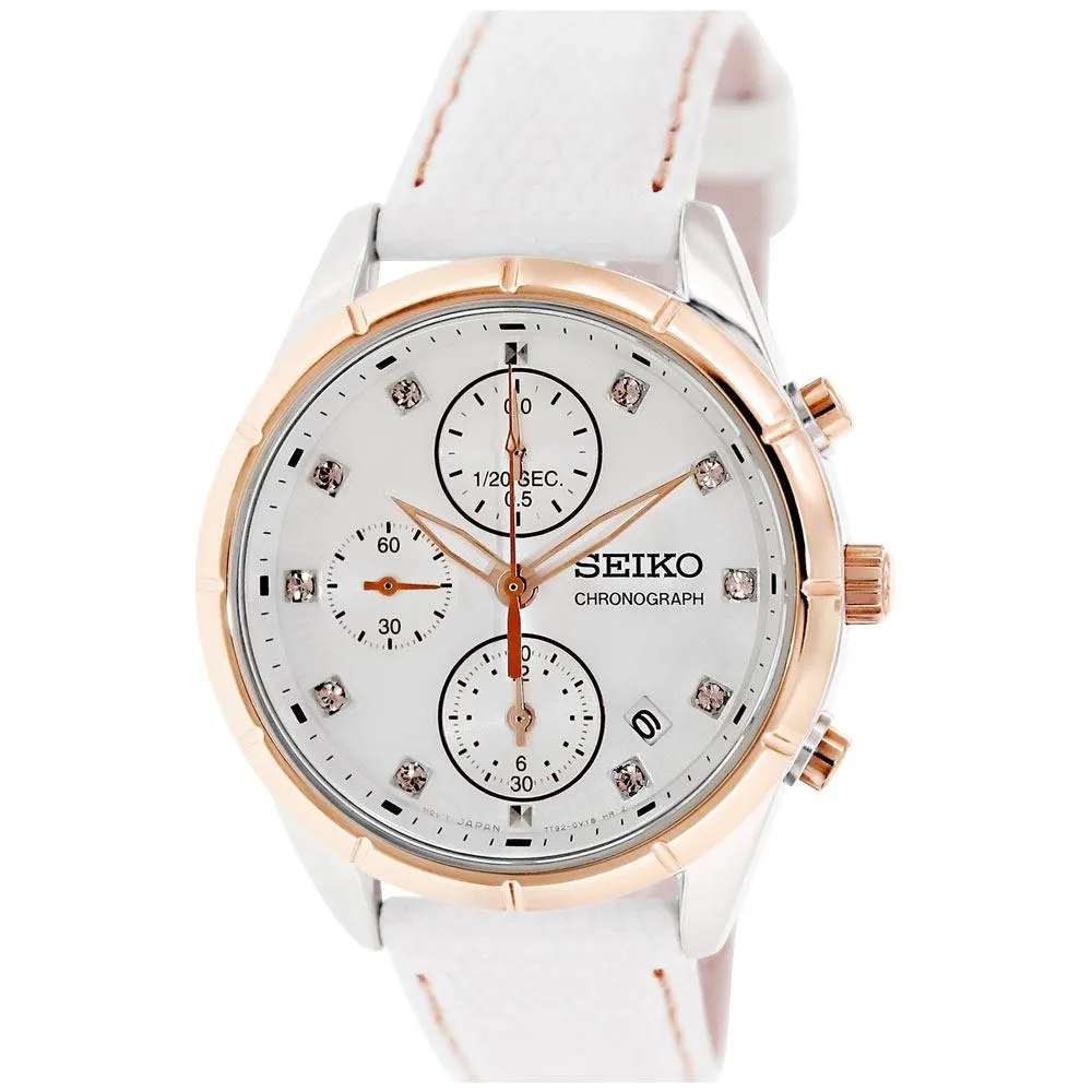 Seiko SNDX42 Women's Chronograph White Dial White Leather Strap Watch