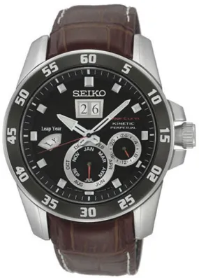 Seiko Sportura Perpetual Calendar Black Dial Brown Leather Strap Men's Watch SNP055P2