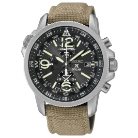 Seiko SSC293 Men's X Prospex Solar Black Dial Beige Nylon Strap Chronograph Alarm Watch