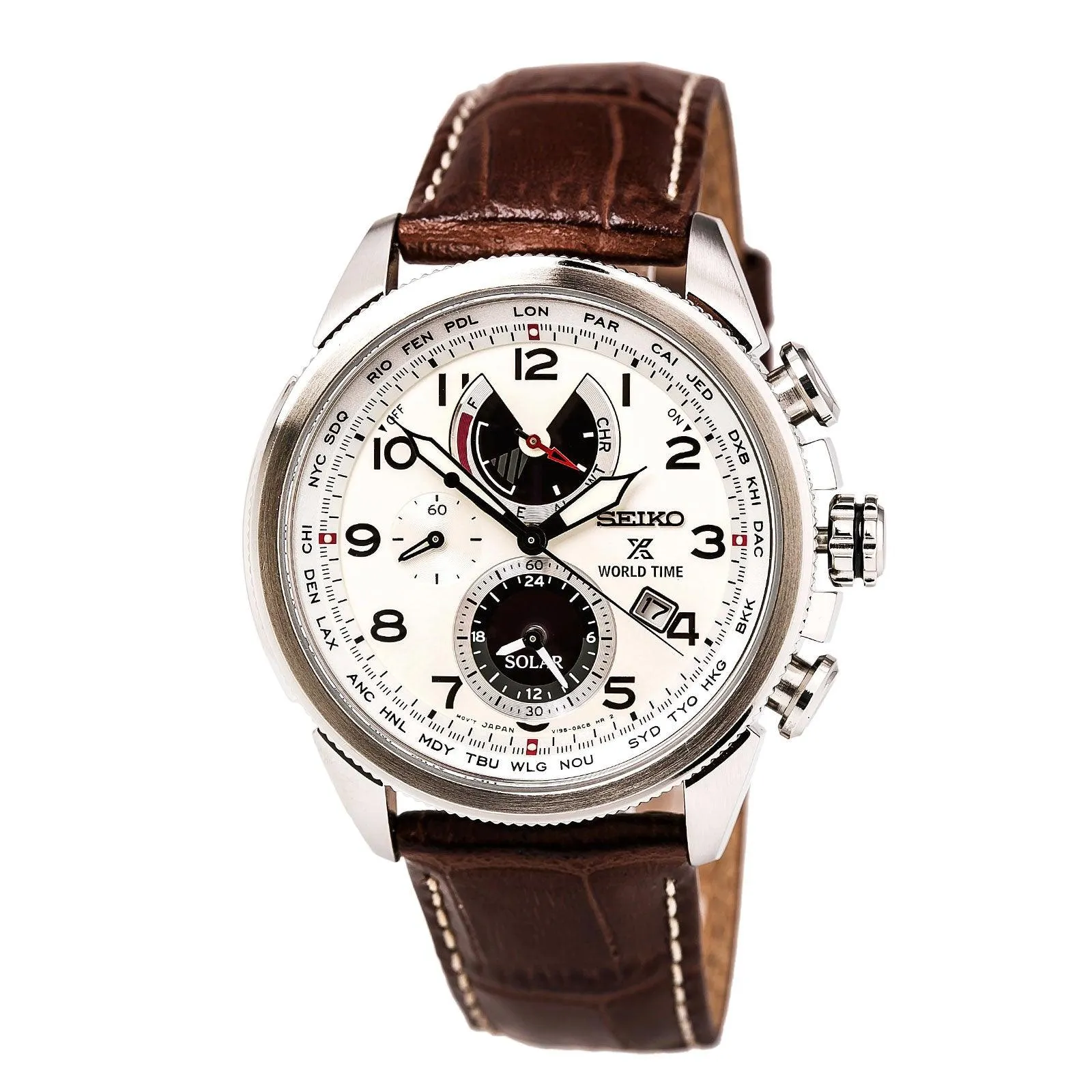Seiko SSC509 Men's Prospex Solar World Time Beige Dial Brown Leather Strap Chronograph Alarm Watch