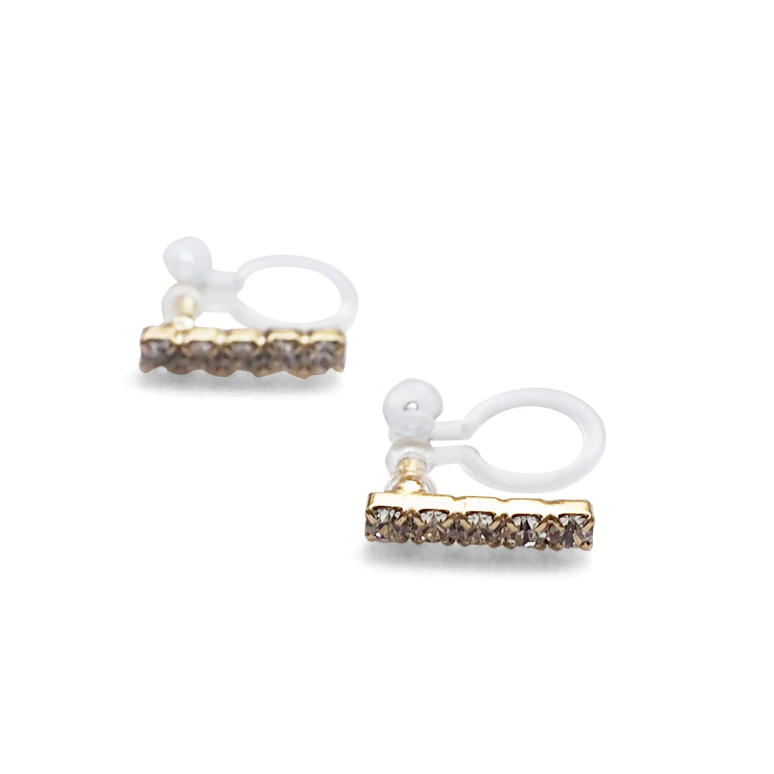 Short rhinestone bar invisible clip on earrings ( Gold tone )