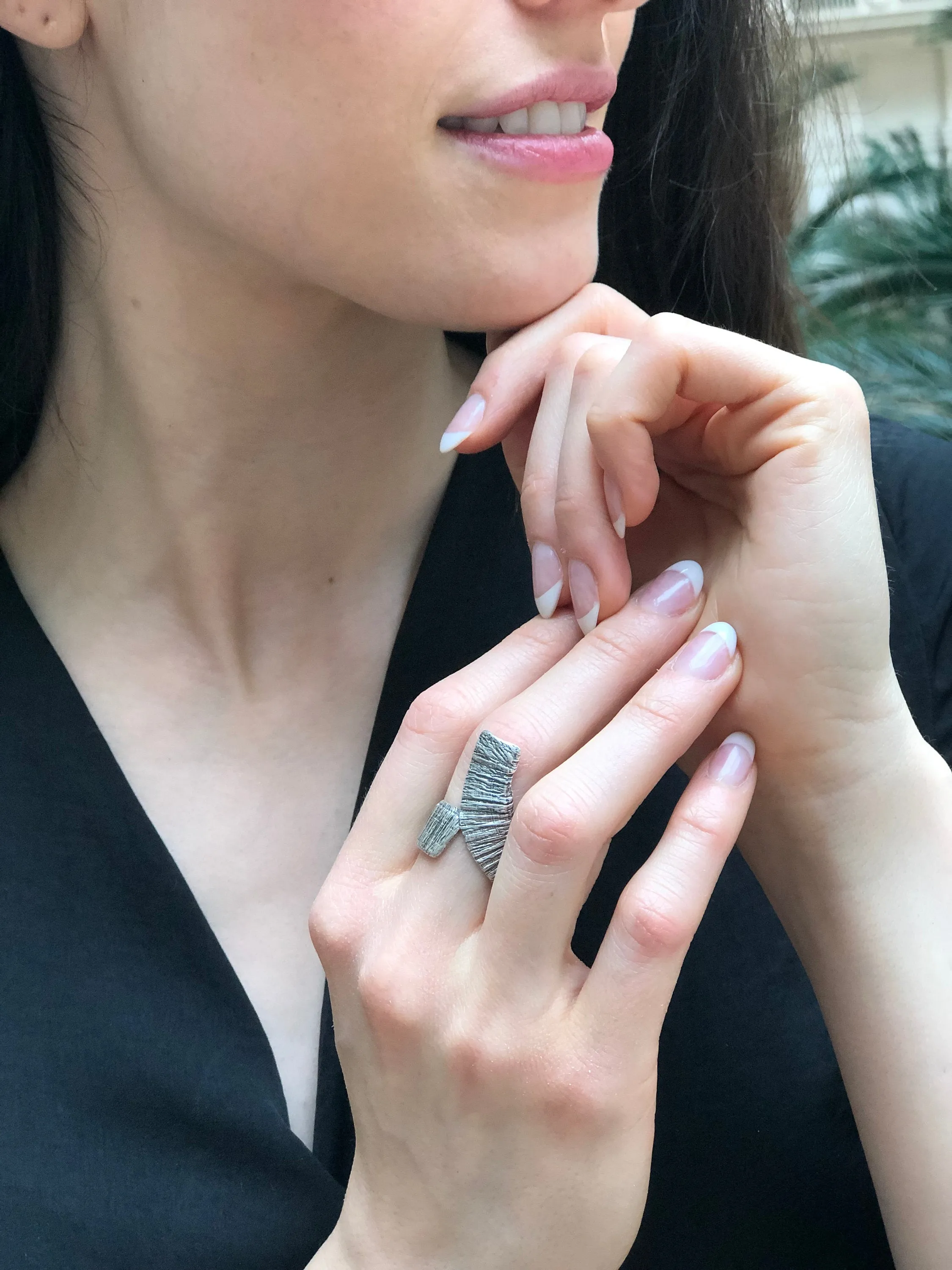 Silver Abstract Ring - Long Boho Ring - Vintage Textured Ring