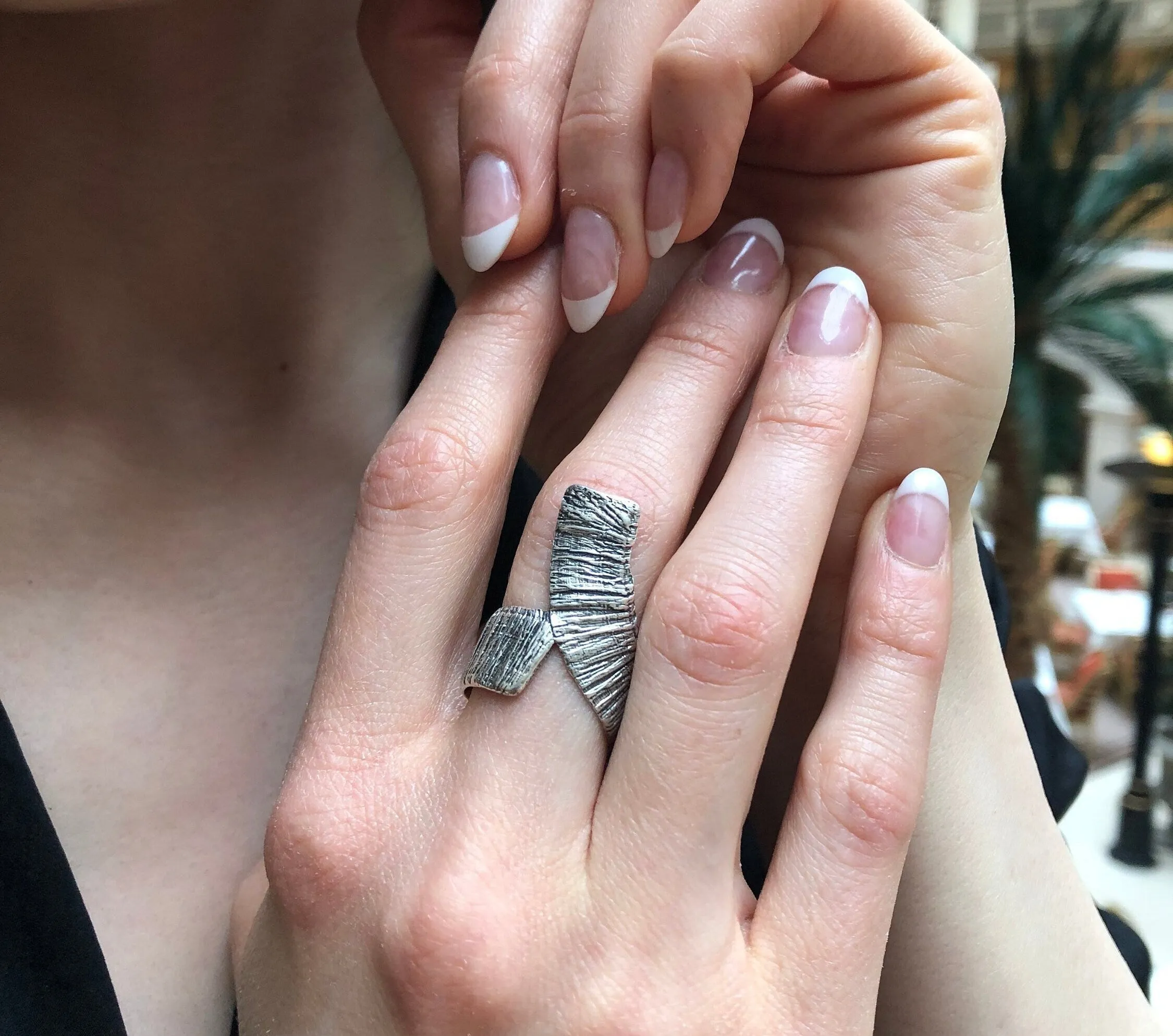 Silver Abstract Ring - Long Boho Ring - Vintage Textured Ring