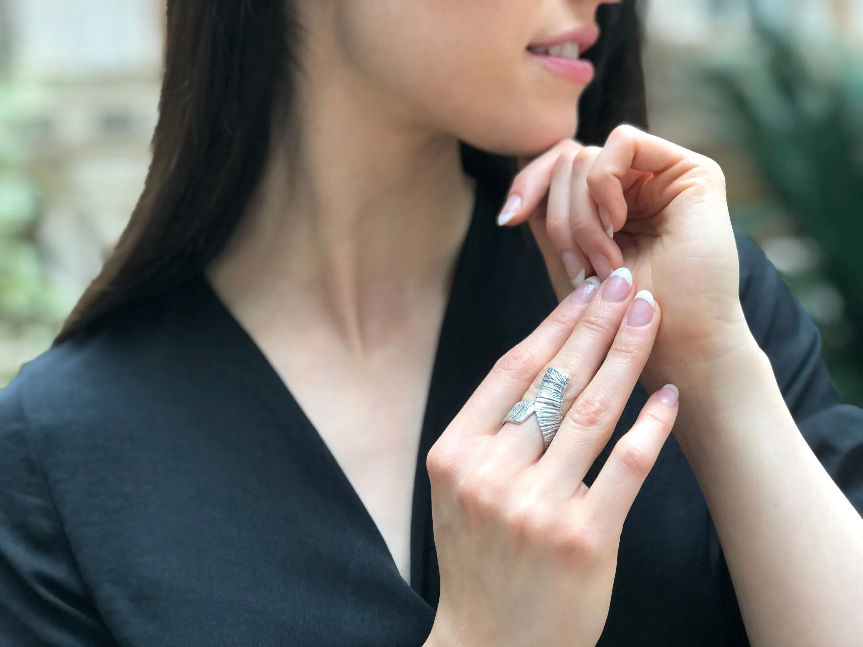 Silver Abstract Ring - Long Boho Ring - Vintage Textured Ring