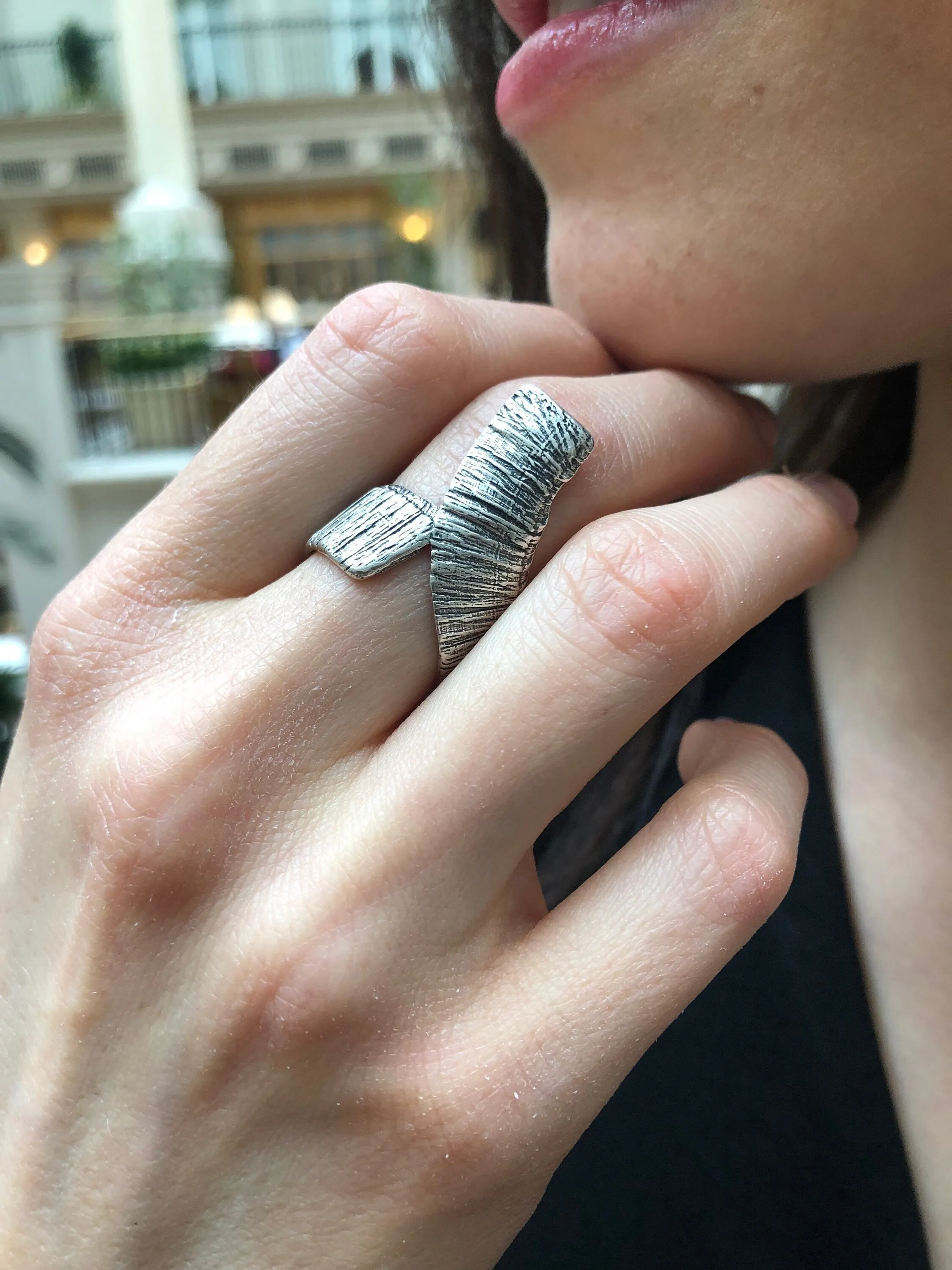 Silver Abstract Ring - Long Boho Ring - Vintage Textured Ring