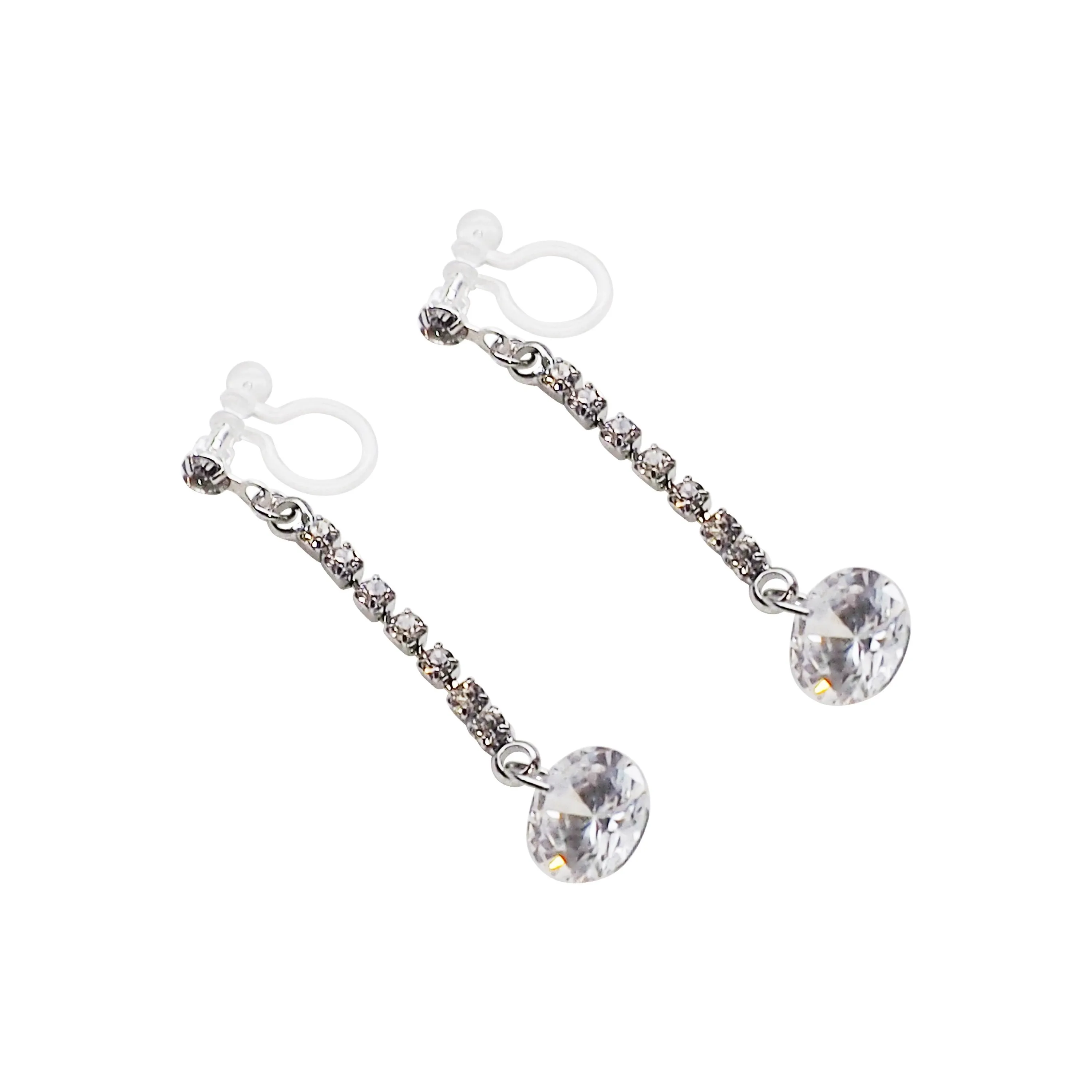 Silver cubic zirconia crystal dangle invisible clip on earrings