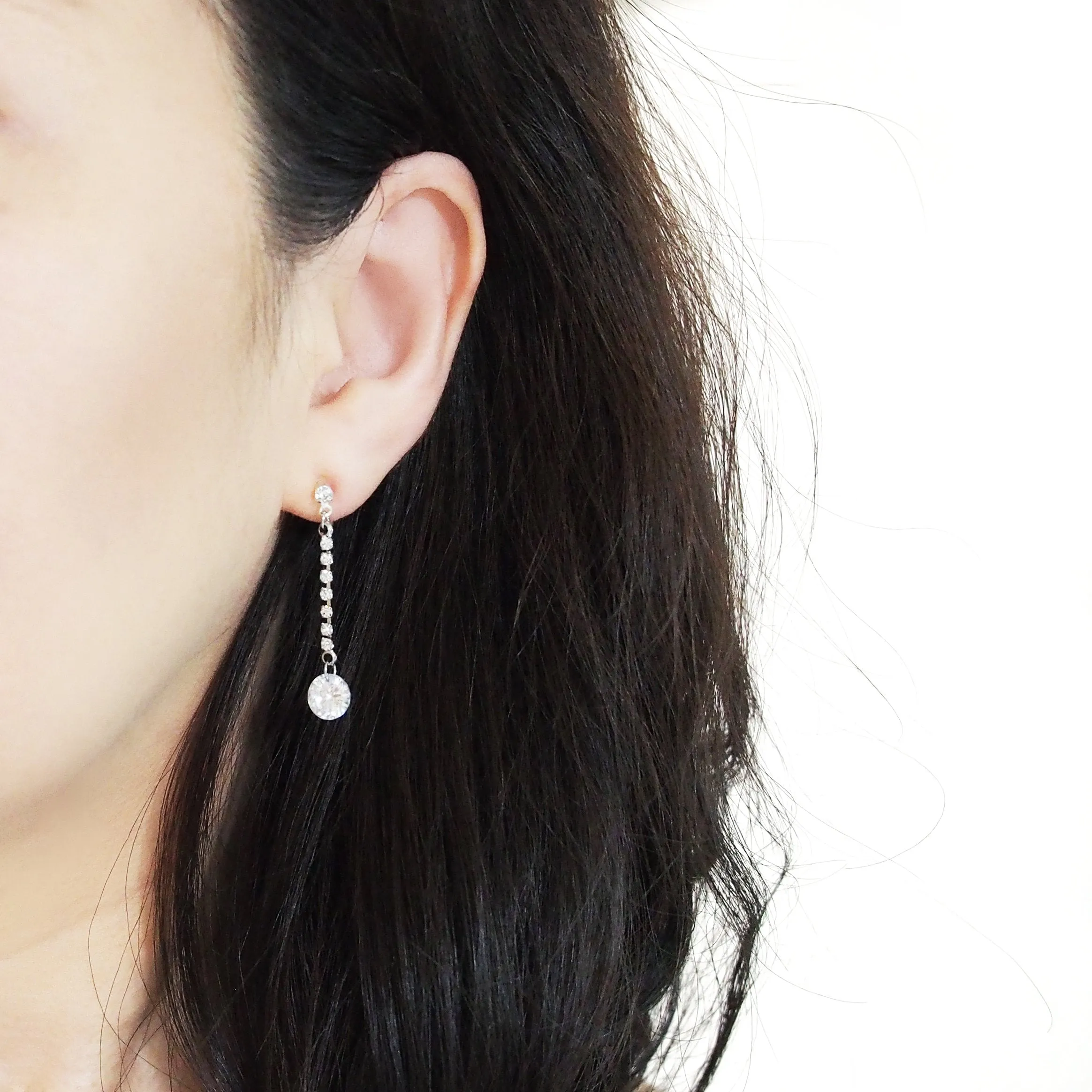 Silver cubic zirconia crystal dangle invisible clip on earrings