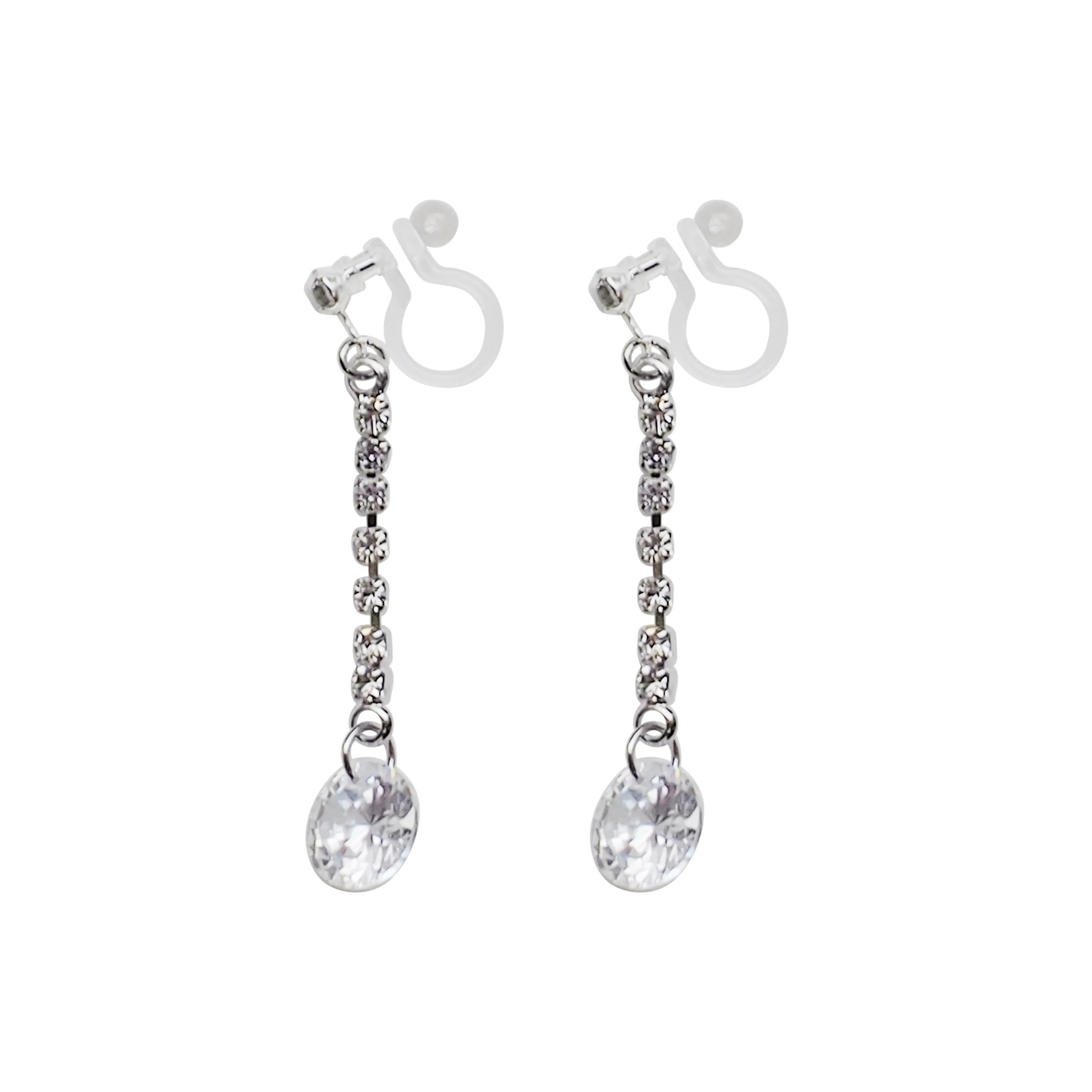 Silver cubic zirconia crystal dangle invisible clip on earrings