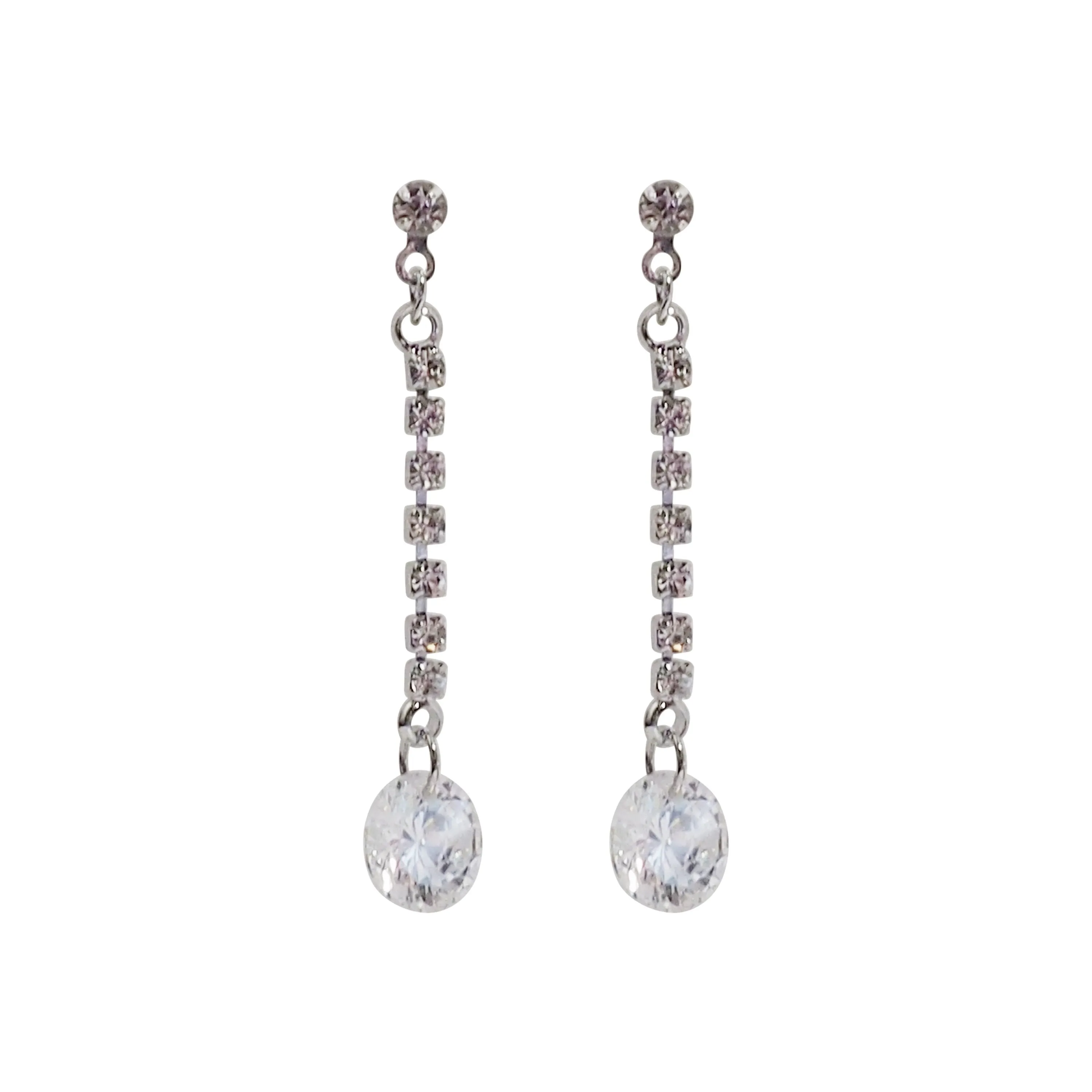 Silver cubic zirconia crystal dangle invisible clip on earrings