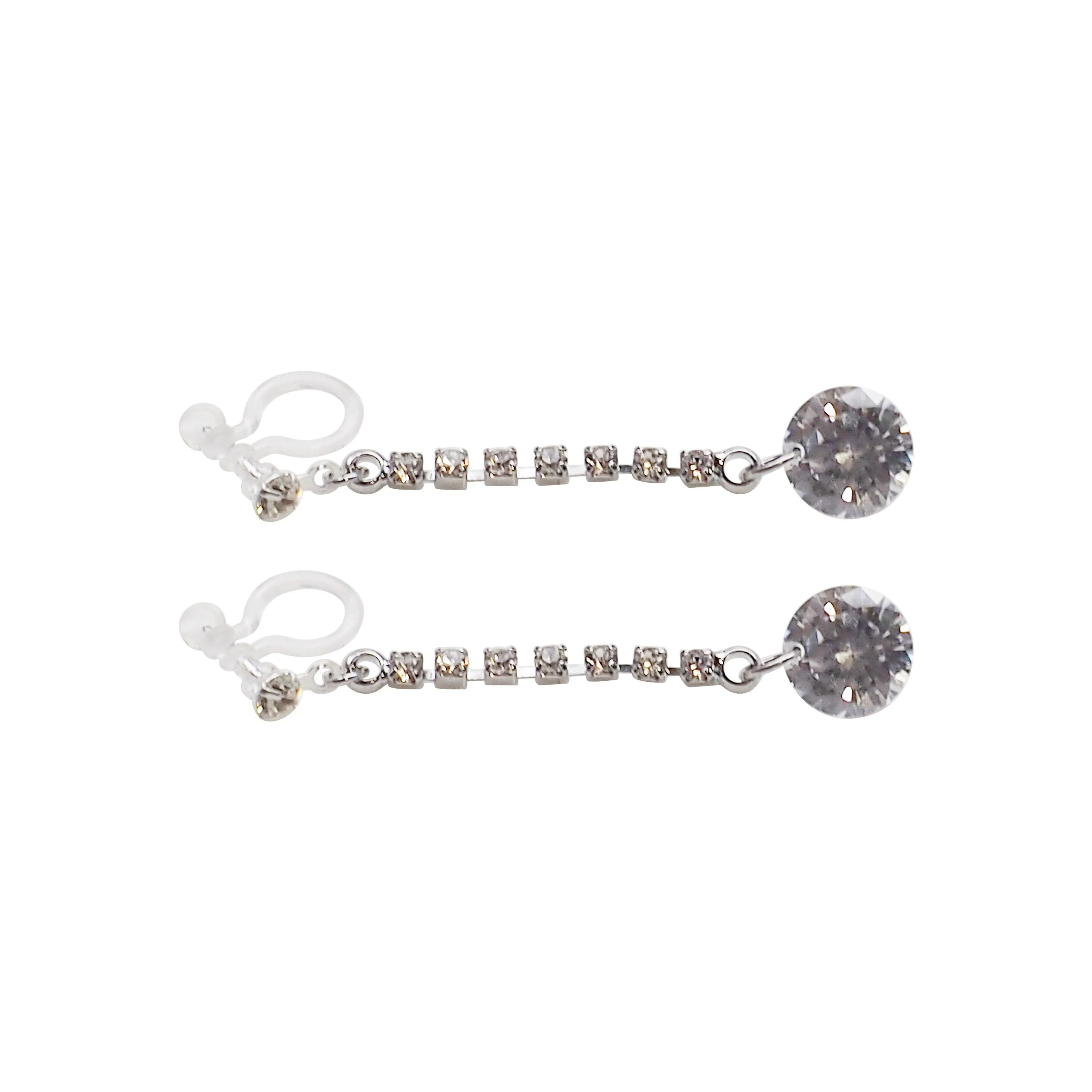 Silver cubic zirconia crystal dangle invisible clip on earrings