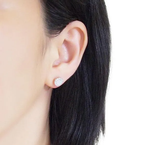 Silver Round Swarovski Crystal Rhinestone Pave Invisible Clip On Stud Earrings ( White )