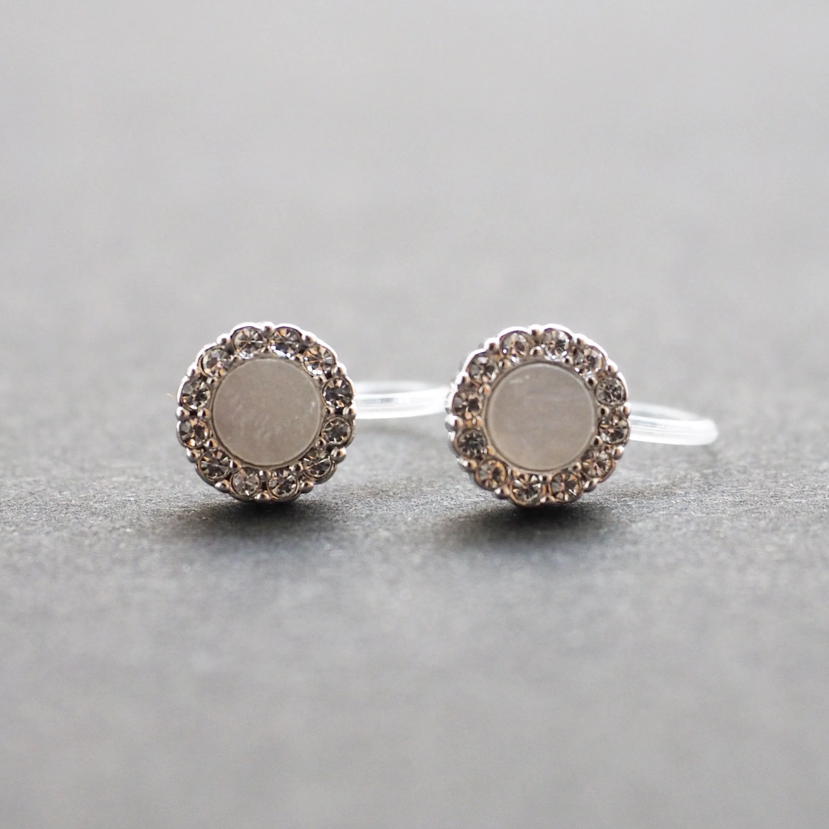 Silver Round Swarovski Crystal Rhinestone Pave Invisible Clip On Stud Earrings ( White )