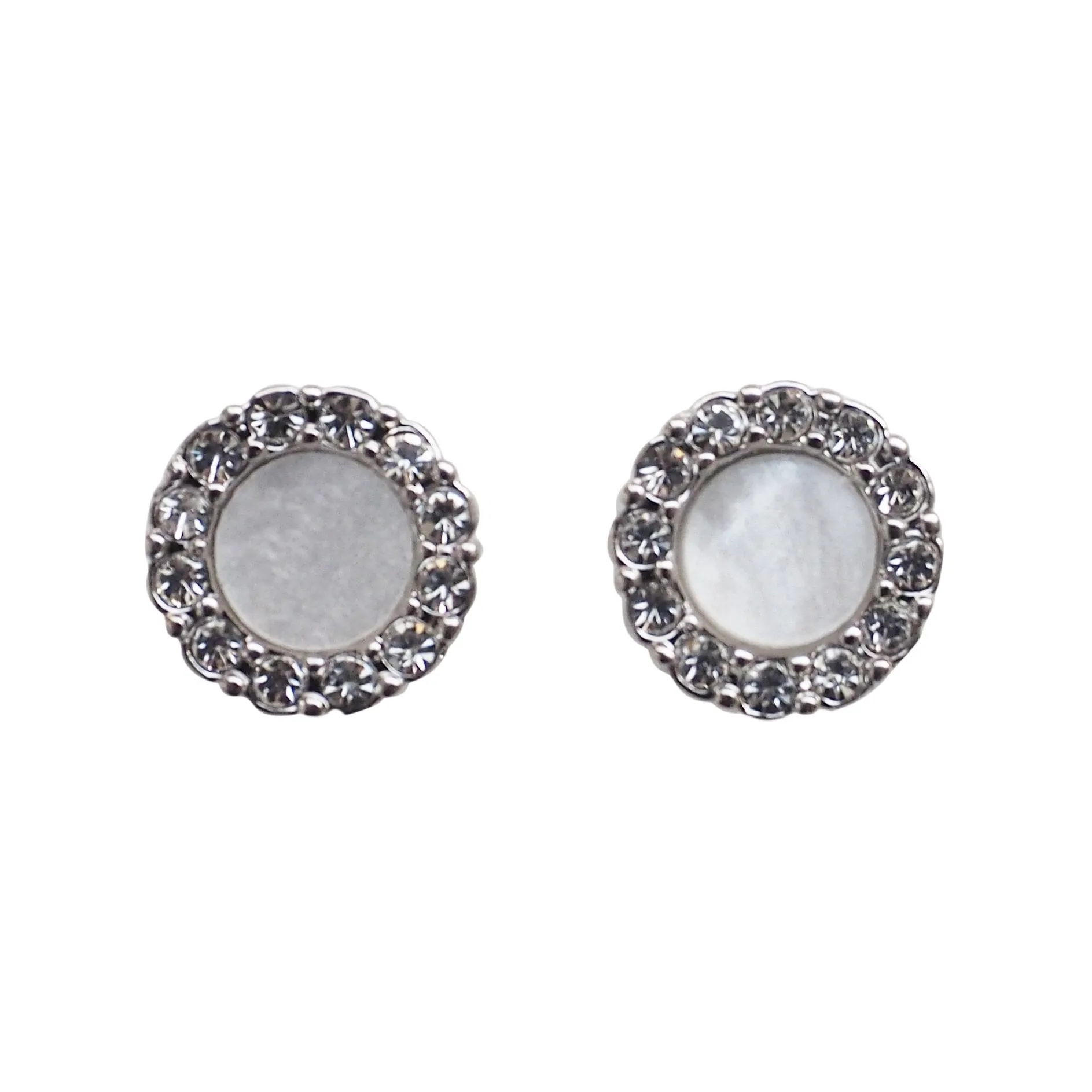 Silver Round Swarovski Crystal Rhinestone Pave Invisible Clip On Stud Earrings ( White )