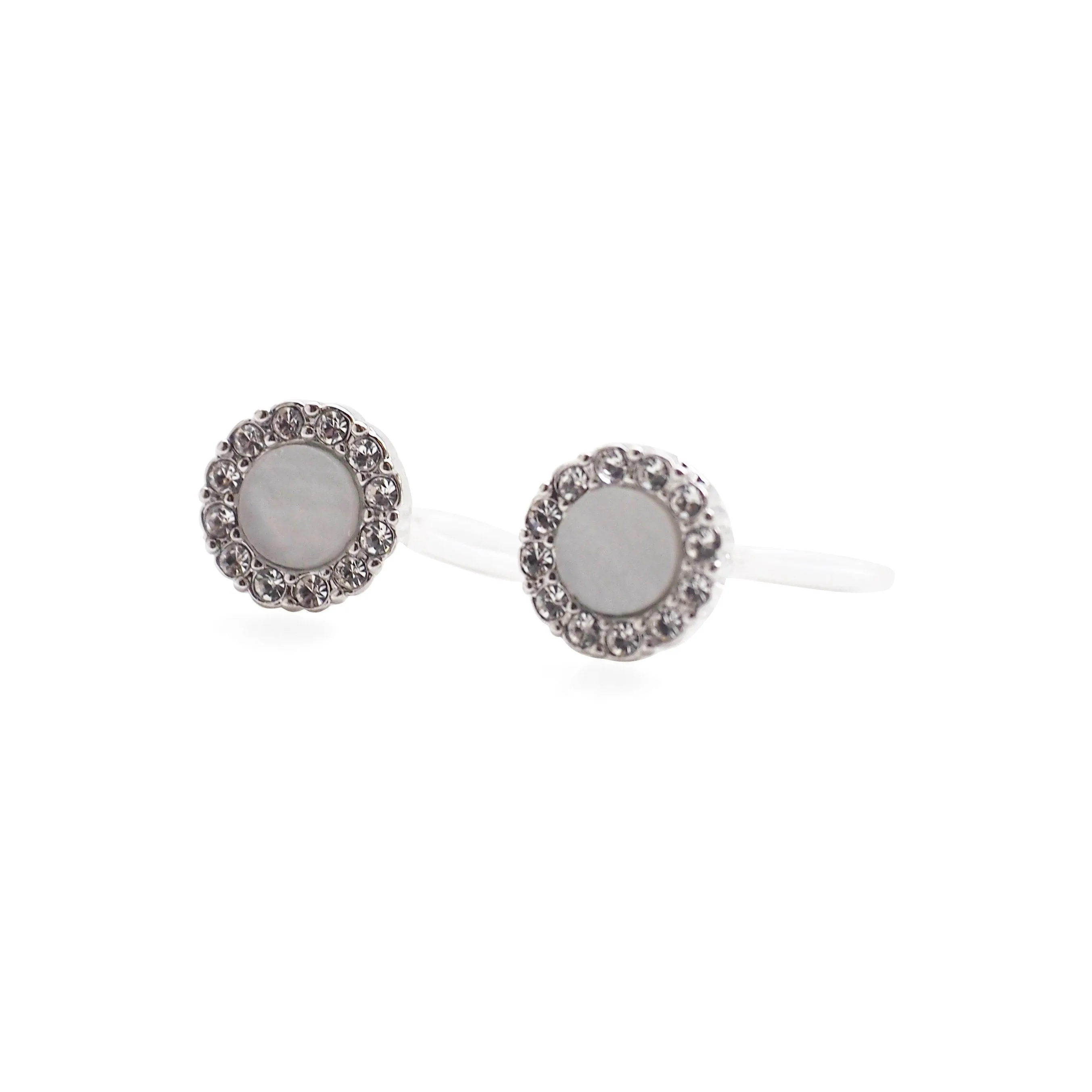 Silver Round Swarovski Crystal Rhinestone Pave Invisible Clip On Stud Earrings ( White )