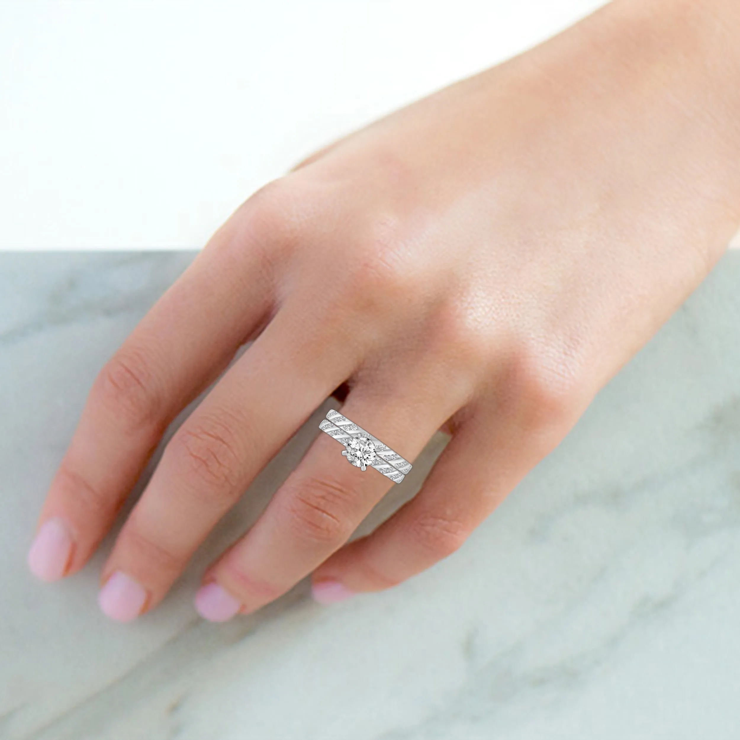 Solitaire Pave Accent Eternity Ring Set in 925 Sterling Silver