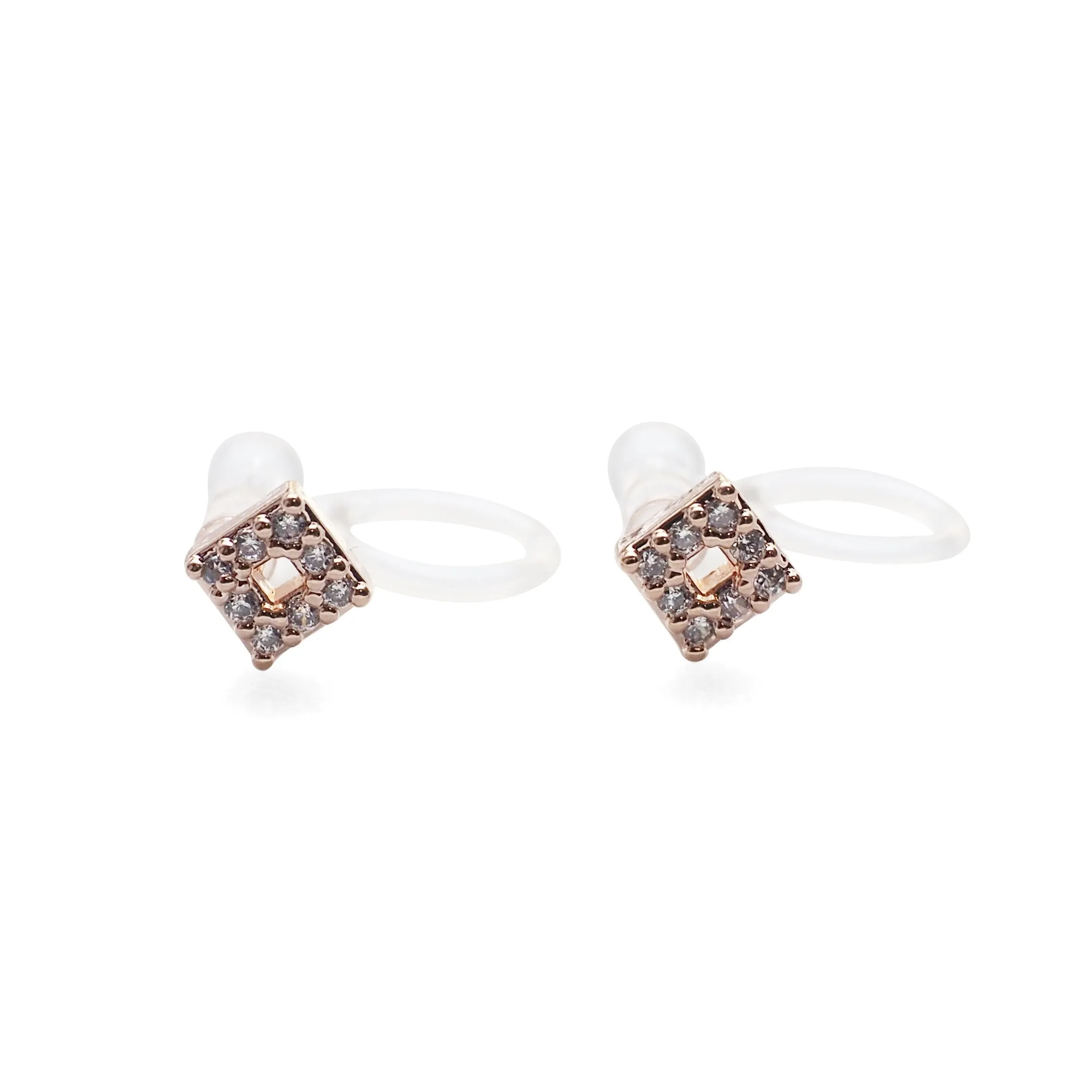 Square Cubic Zirconia Crystal Pave Invisible Clip On Stud Earrings ( Rose gold tone )