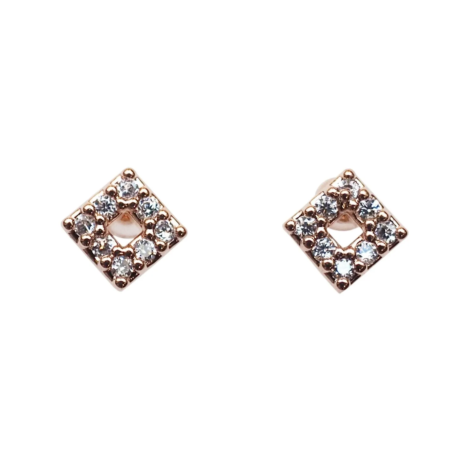 Square Cubic Zirconia Crystal Pave Invisible Clip On Stud Earrings ( Rose gold tone )