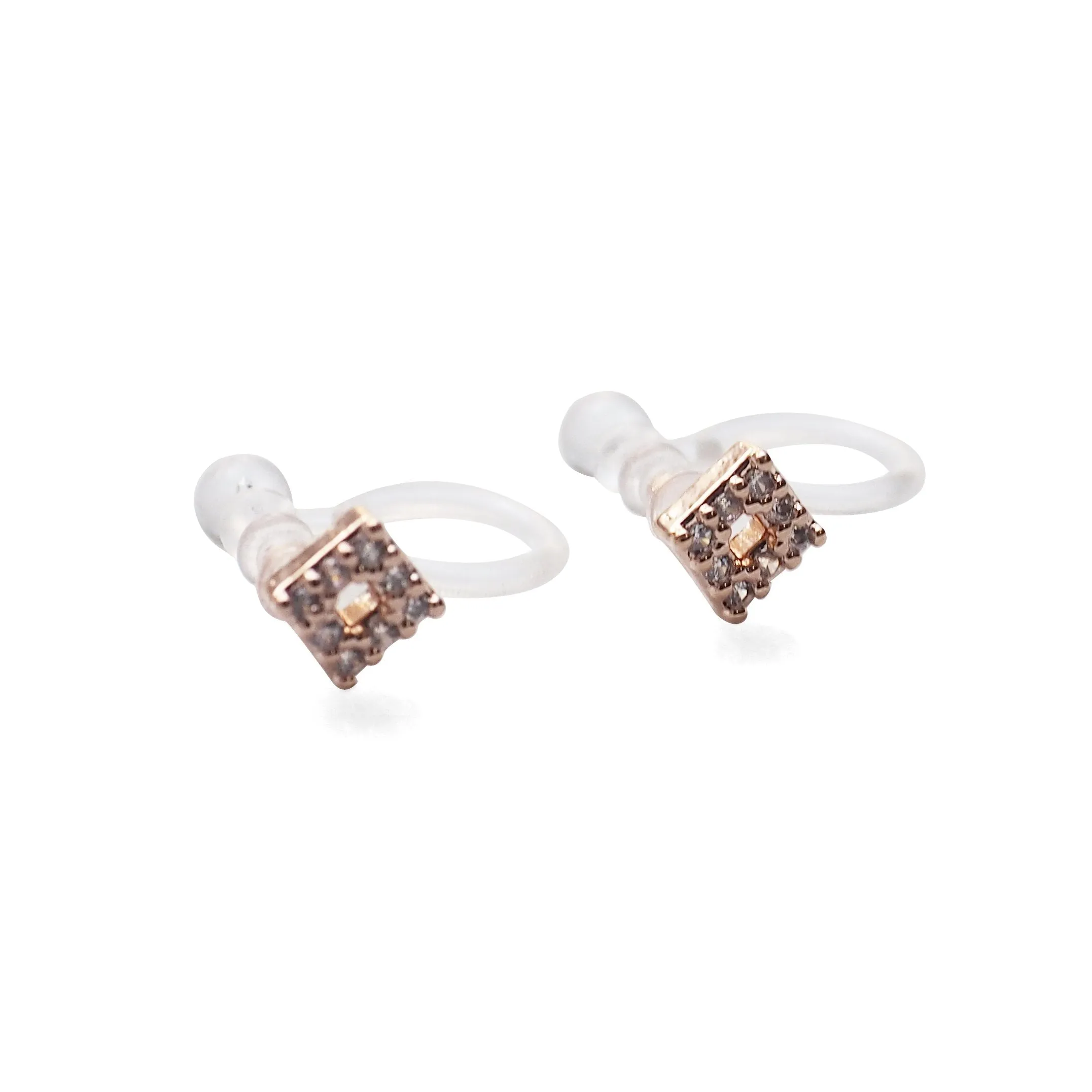 Square Cubic Zirconia Crystal Pave Invisible Clip On Stud Earrings ( Rose gold tone )
