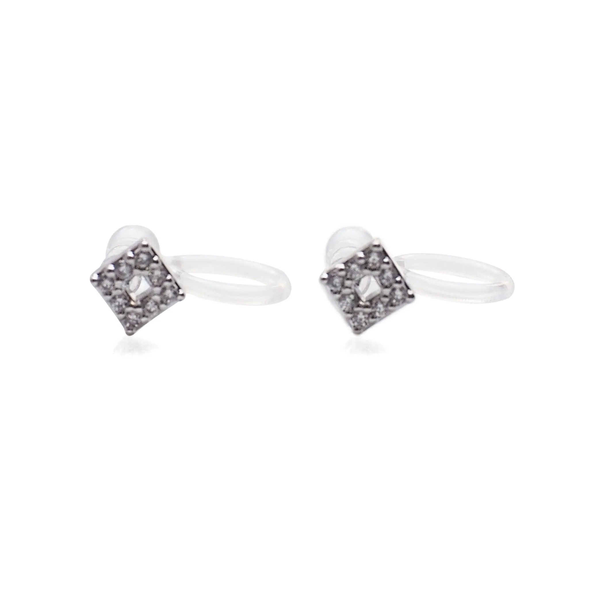 Square Cubic Zirconia Crystal Pave Invisible Clip On Stud Earrings ( Silver tone )