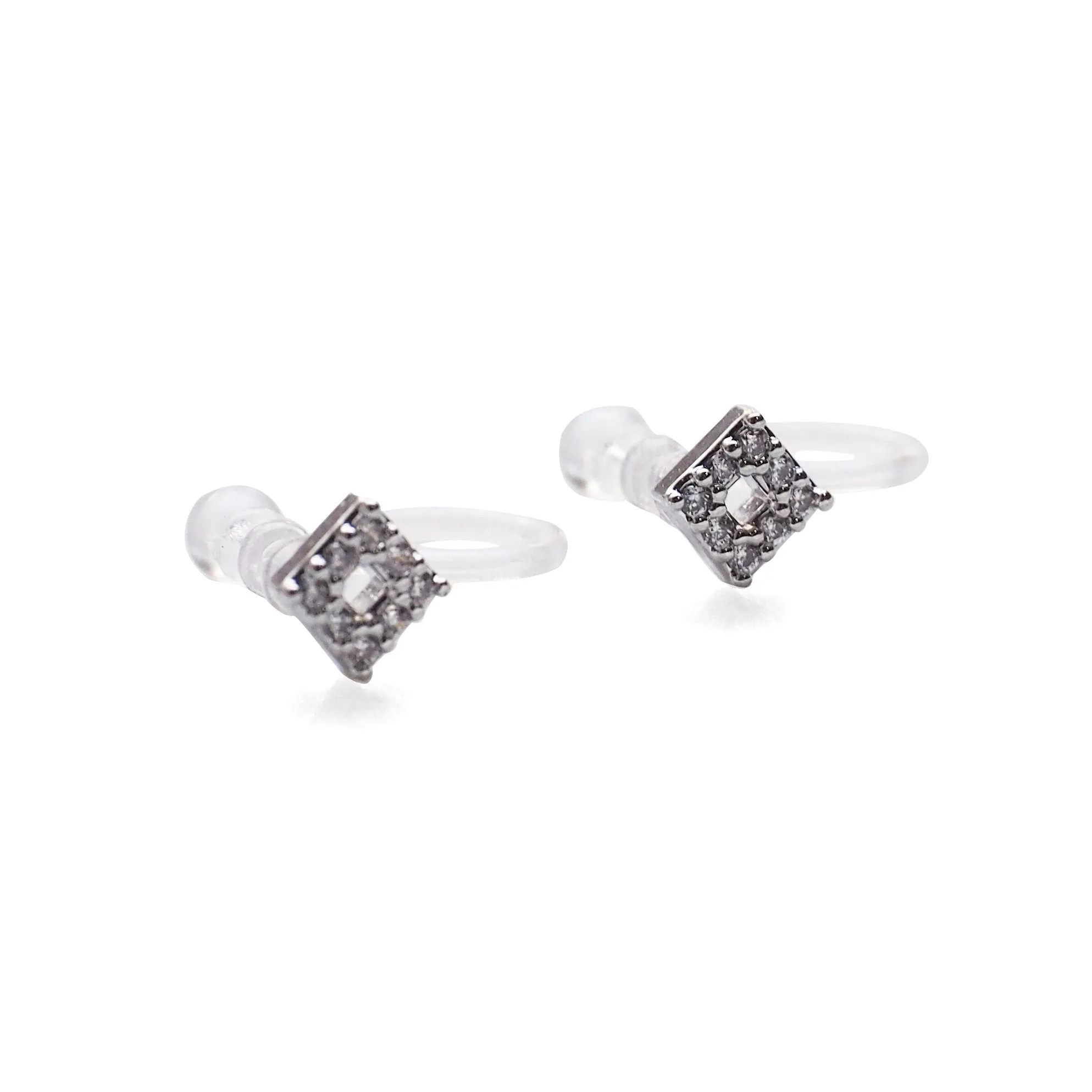 Square Cubic Zirconia Crystal Pave Invisible Clip On Stud Earrings ( Silver tone )