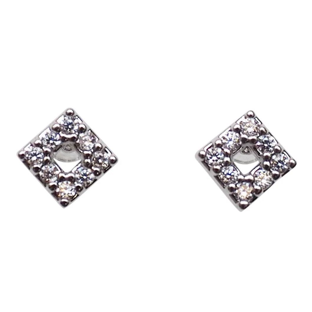 Square Cubic Zirconia Crystal Pave Invisible Clip On Stud Earrings ( Silver tone )