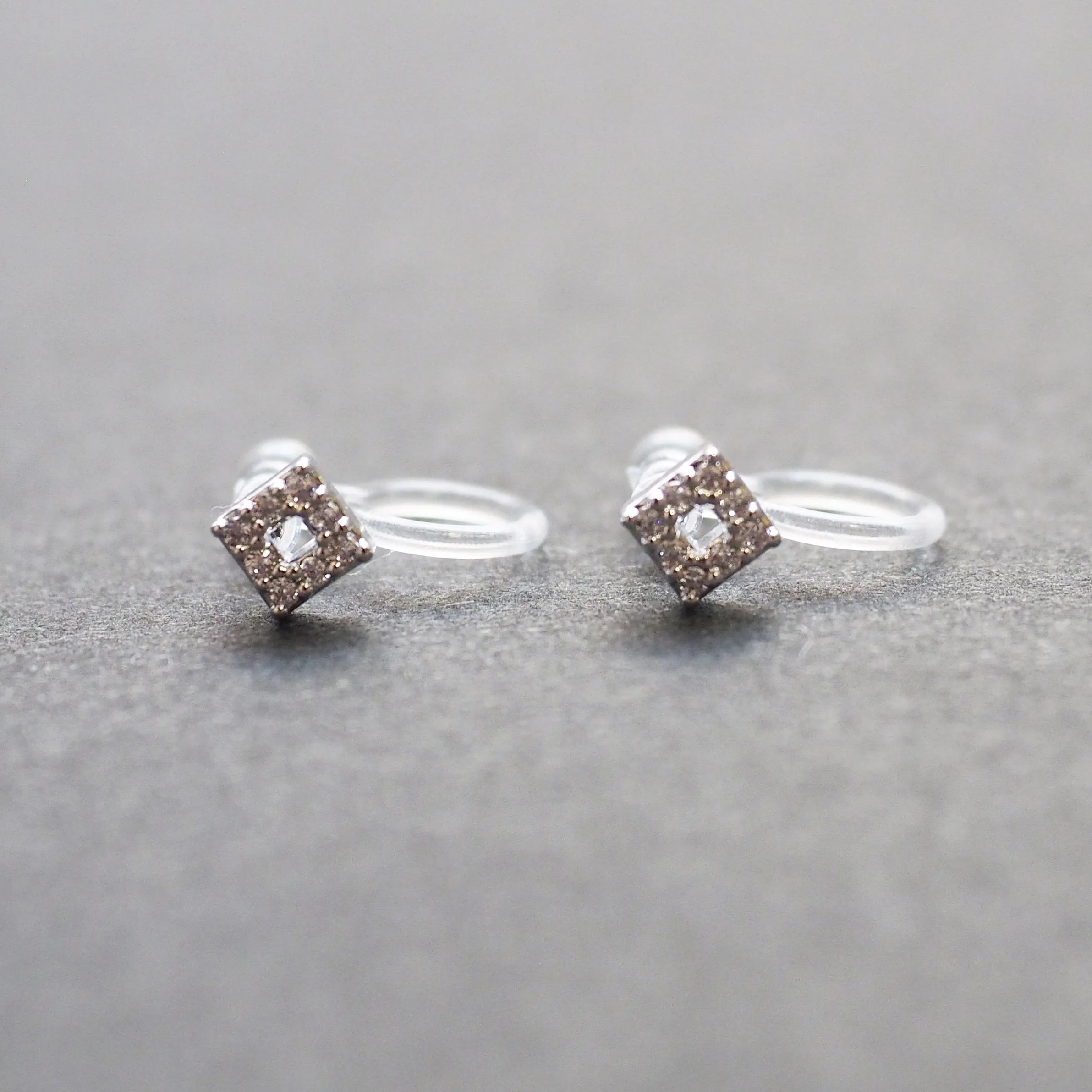 Square Cubic Zirconia Crystal Pave Invisible Clip On Stud Earrings ( Silver tone )
