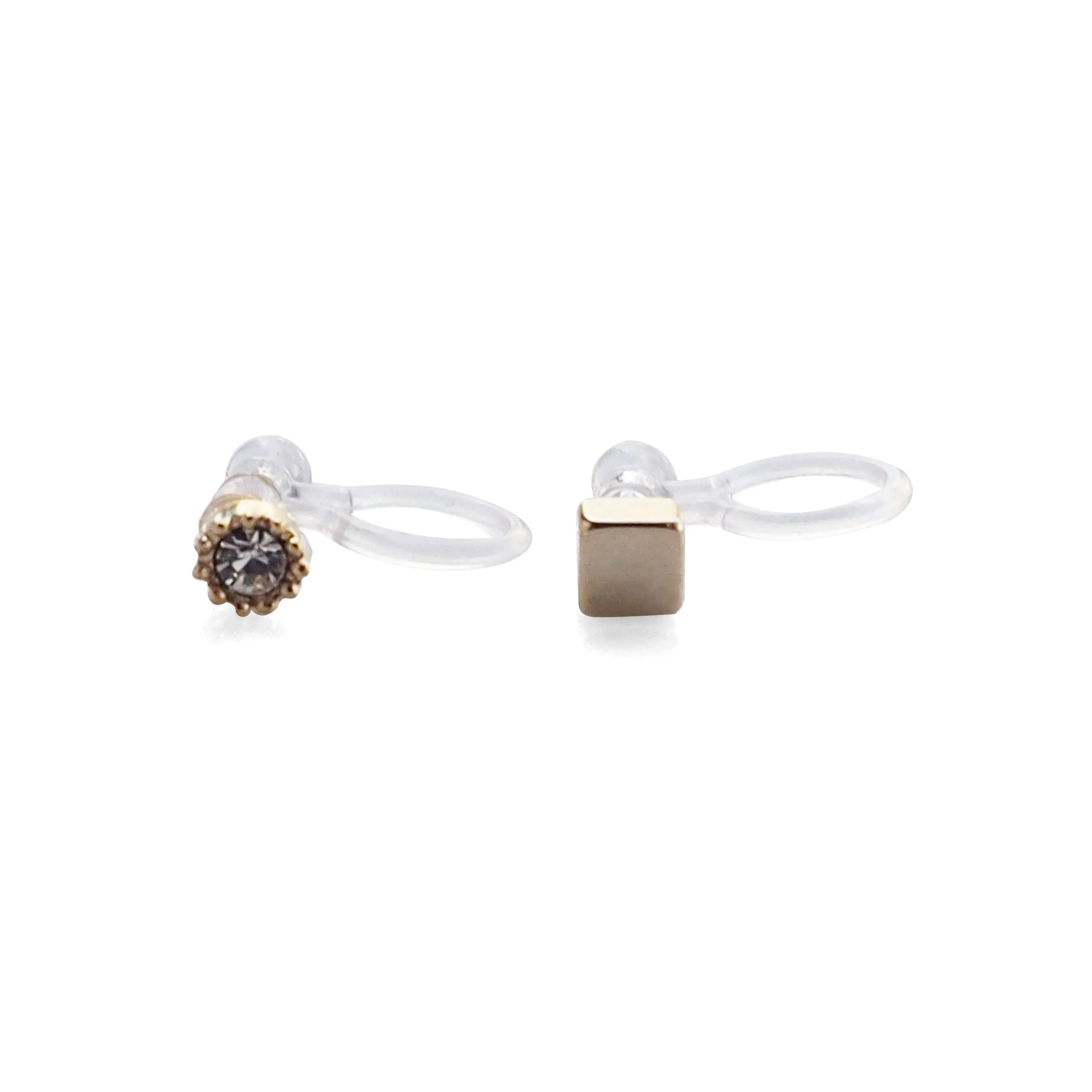 Square Rhinestone and Gold Invisible Clip On Stud Earrings